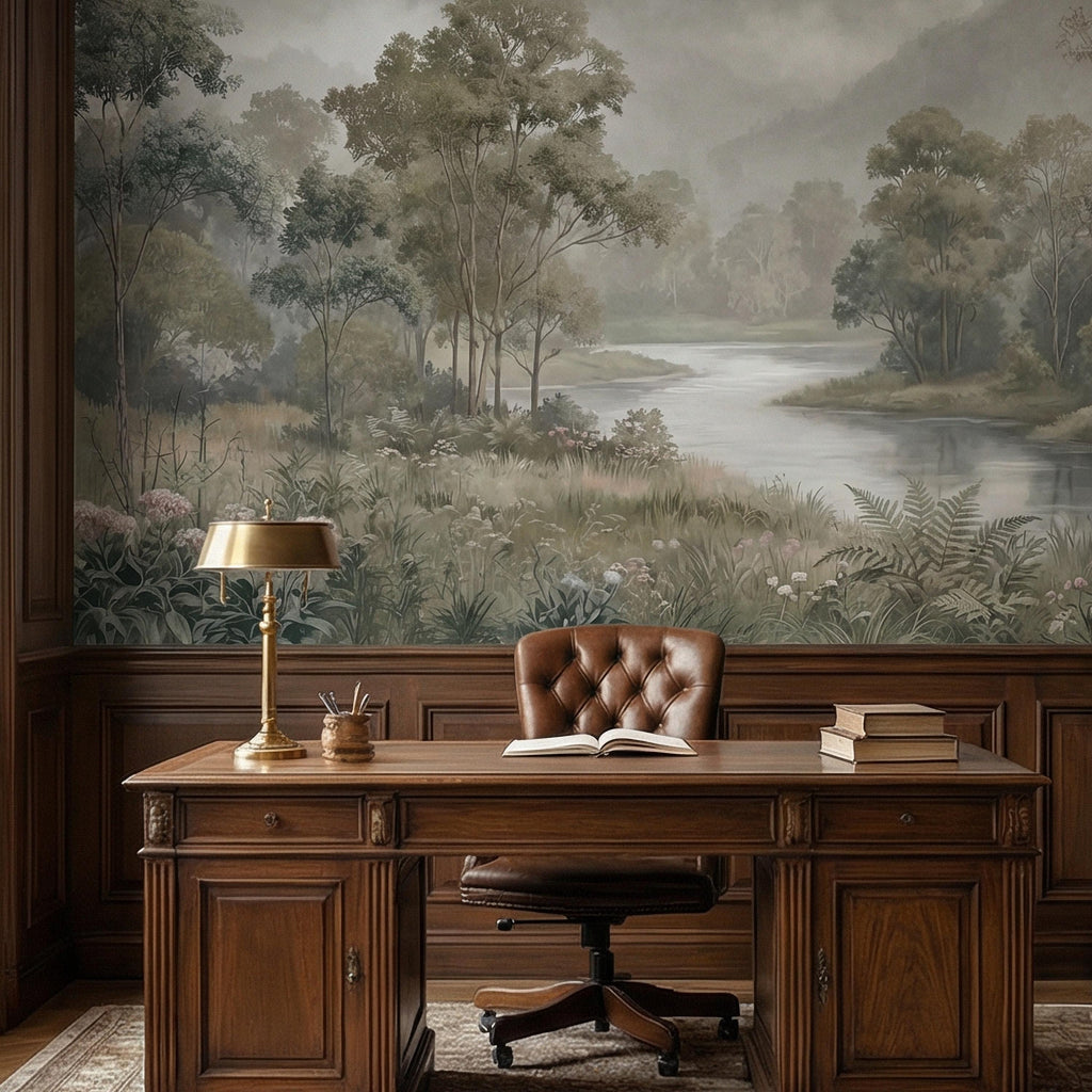 Misty Mountain Landscape Peel and Stick Wall Mural, Soft River Valley Forest, Neutral Woodland Lake Scenic Wallpaper