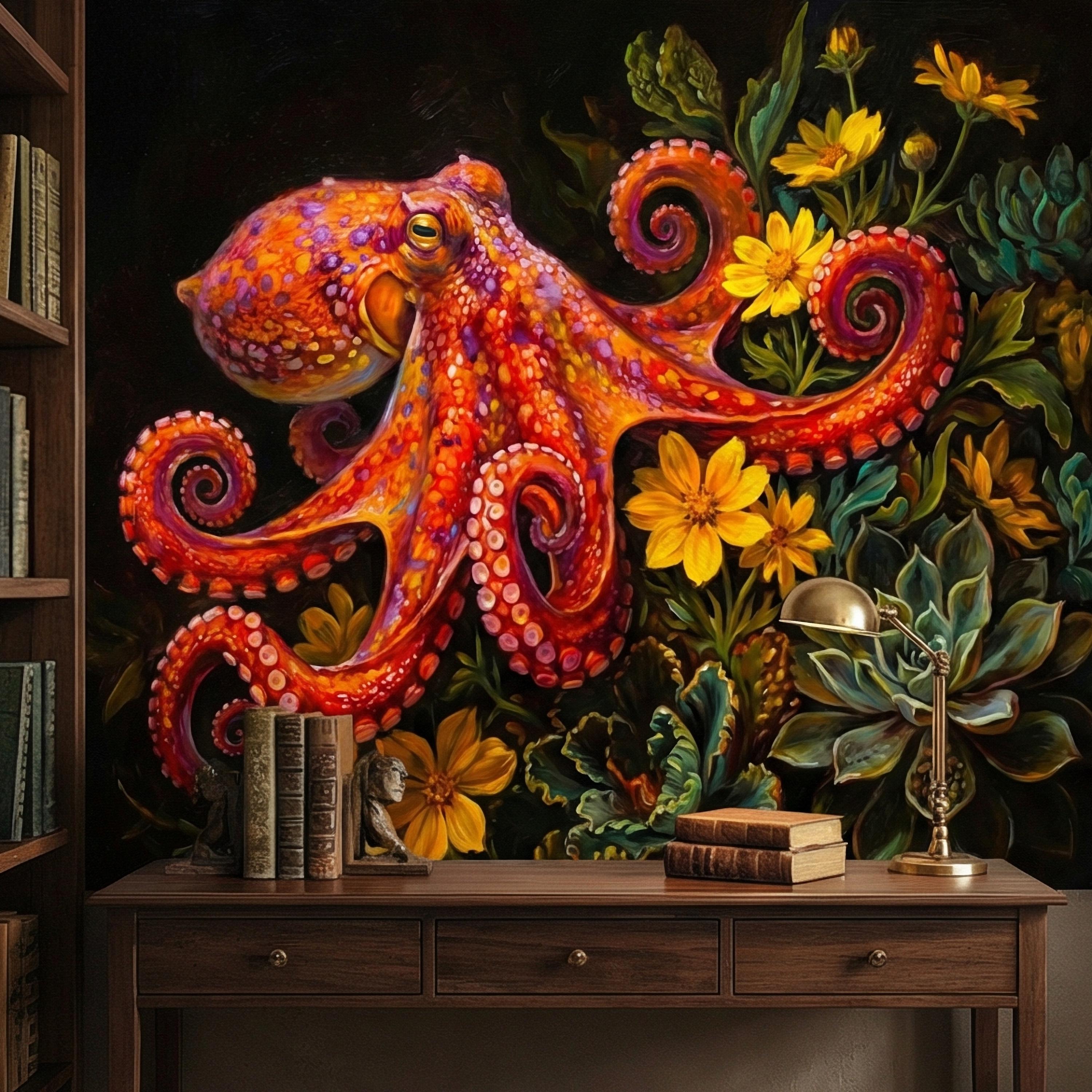 Colorful Octopus Peel and Stick Wall Mural, Vibrant Sea Life Floral Painting, Bold Coastal Botanical Wallpaper