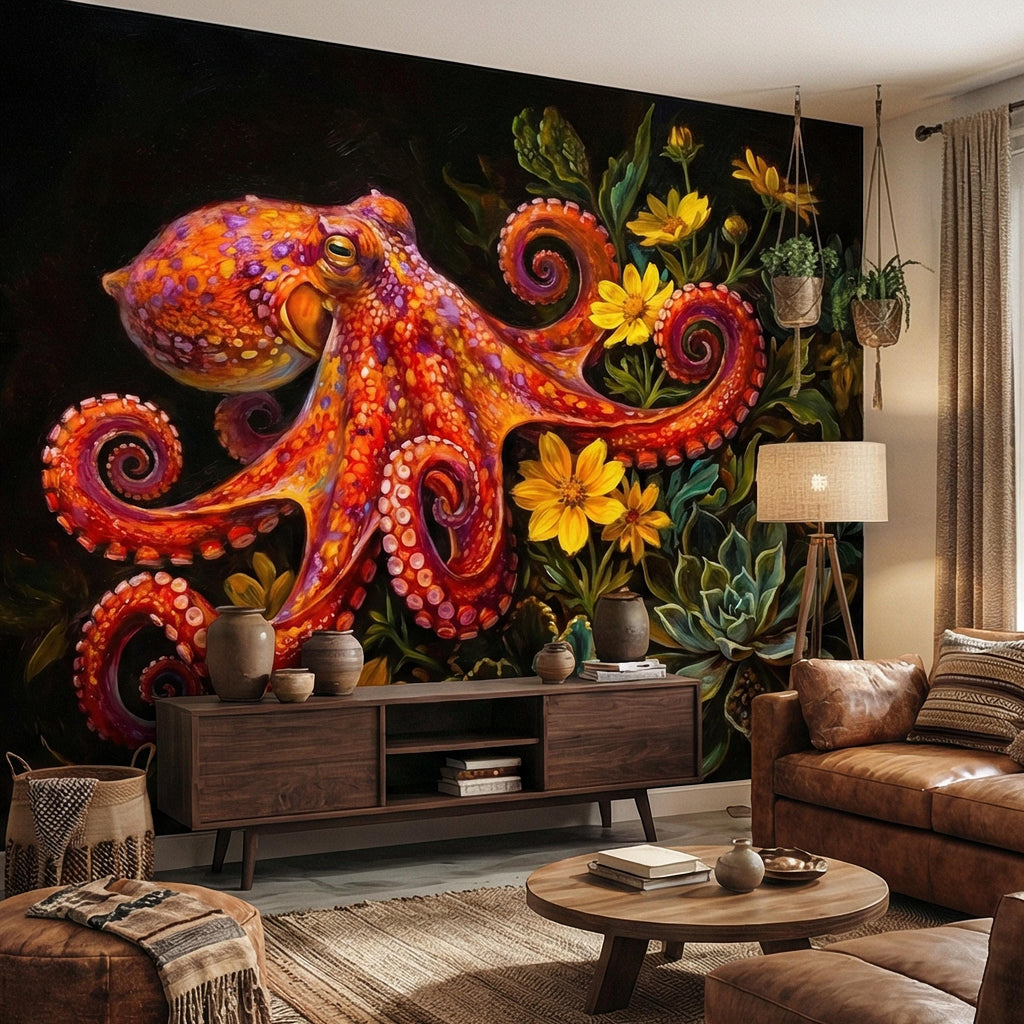 Colorful Octopus Peel and Stick Wall Mural, Vibrant Sea Life Floral Painting, Bold Coastal Botanical Wallpaper