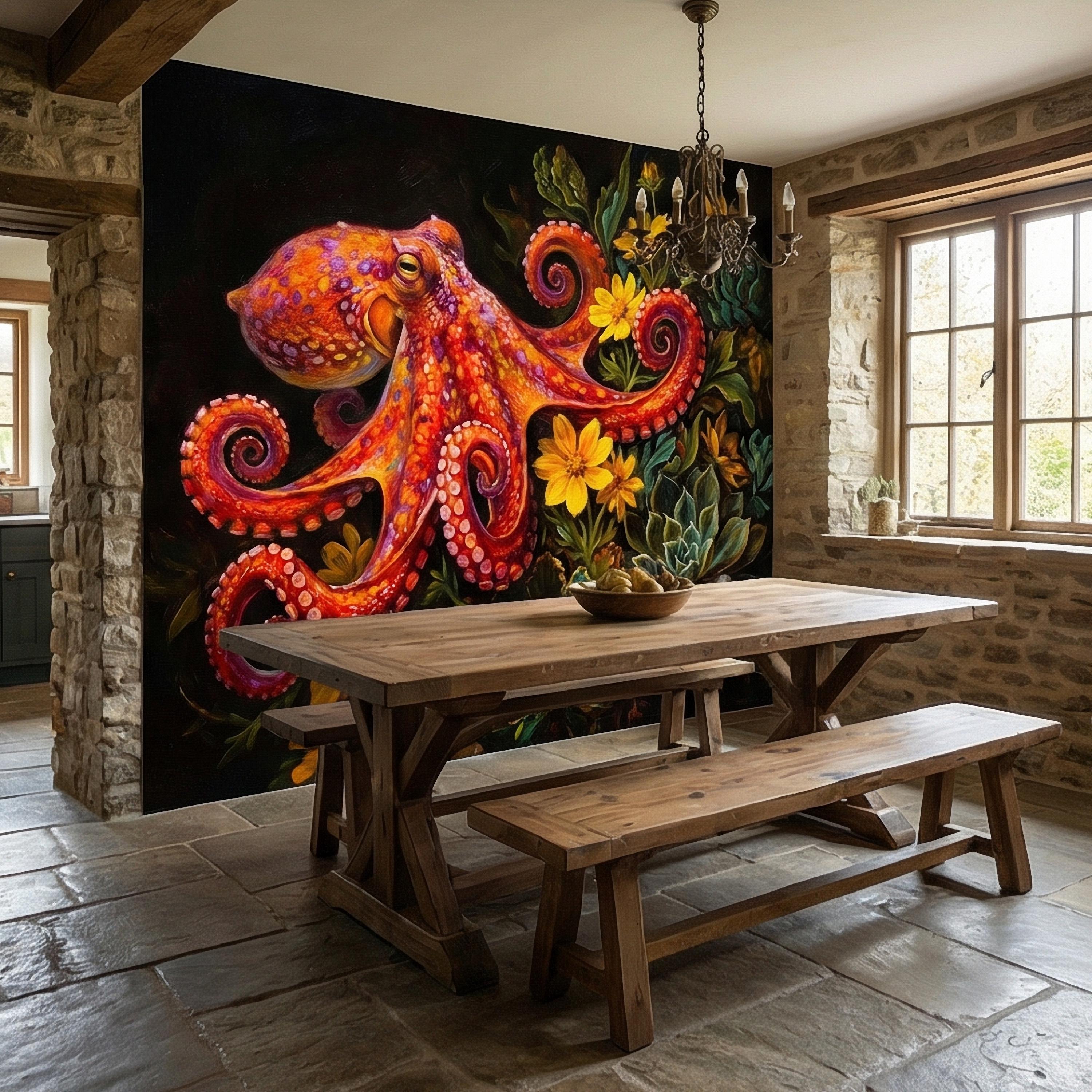 Colorful Octopus Peel and Stick Wall Mural, Vibrant Sea Life Floral Painting, Bold Coastal Botanical Wallpaper