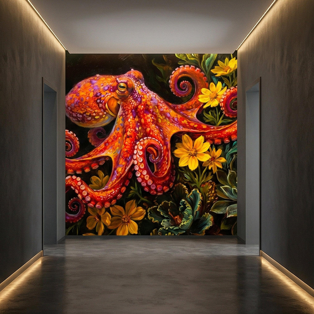Colorful Octopus Peel and Stick Wall Mural, Vibrant Sea Life Floral Painting, Bold Coastal Botanical Wallpaper