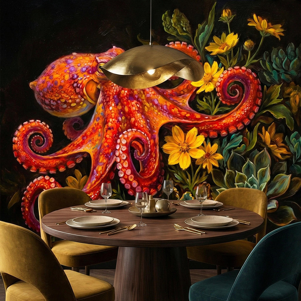 Colorful Octopus Peel and Stick Wall Mural, Vibrant Sea Life Floral Painting, Bold Coastal Botanical Wallpaper