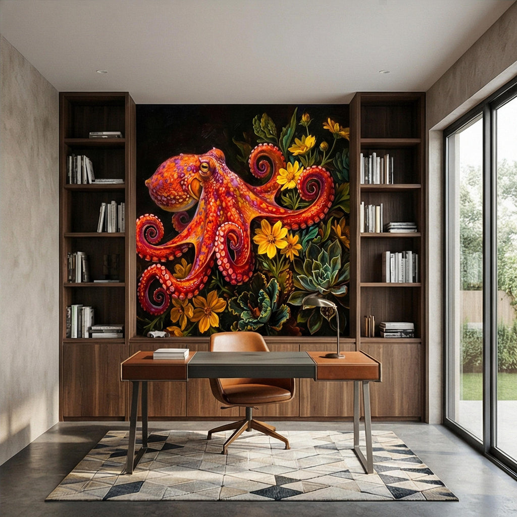 Colorful Octopus Peel and Stick Wall Mural, Vibrant Sea Life Floral Painting, Bold Coastal Botanical Wallpaper
