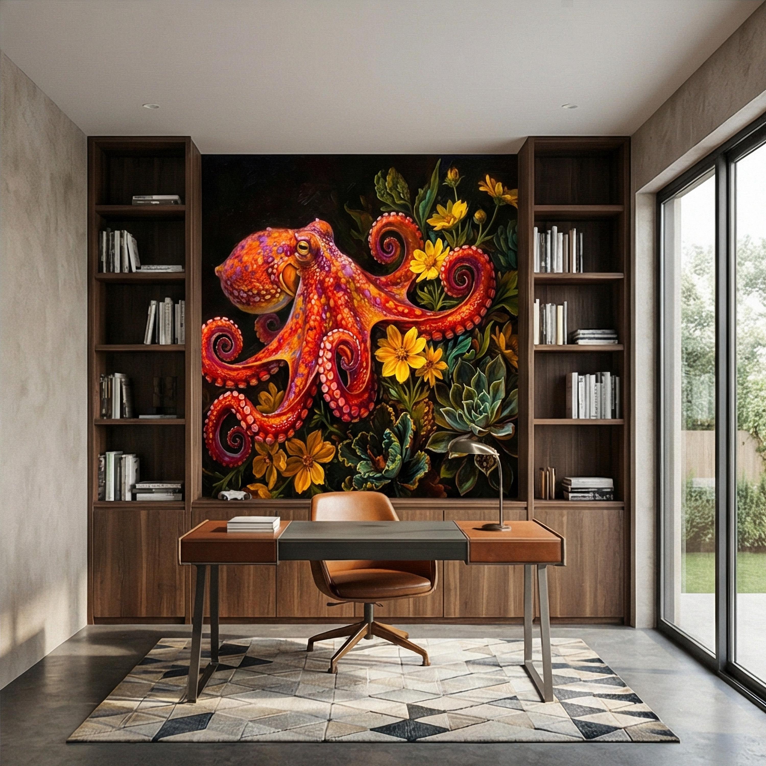 Colorful Octopus Peel and Stick Wall Mural, Vibrant Sea Life Floral Painting, Bold Coastal Botanical Wallpaper