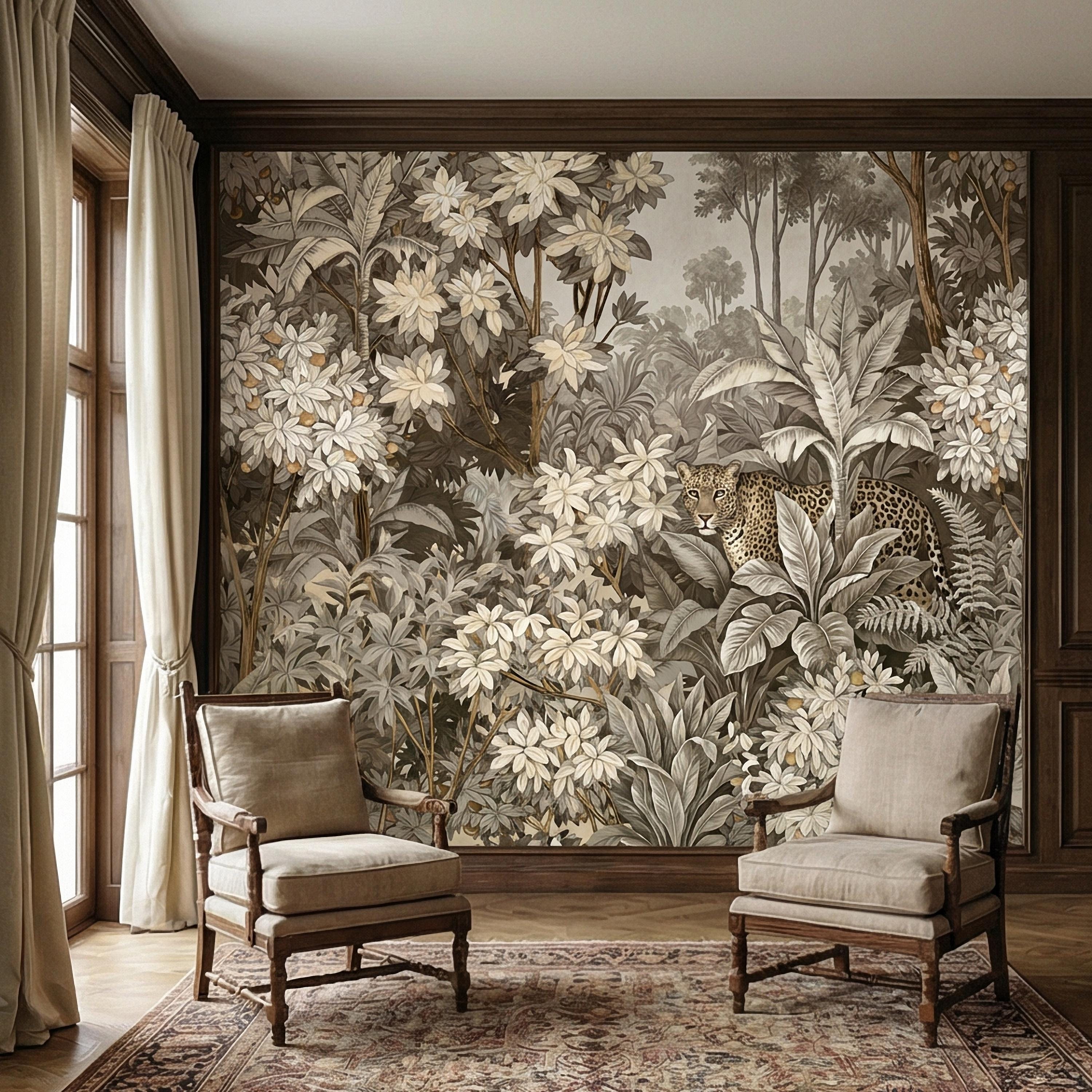 Neutral Leopard Jungle Peel and Stick Wall Mural, Sepia Tropical Botanical Landscape, Vintage Safari Flowers and Palm Leaf Beige Wallpaper