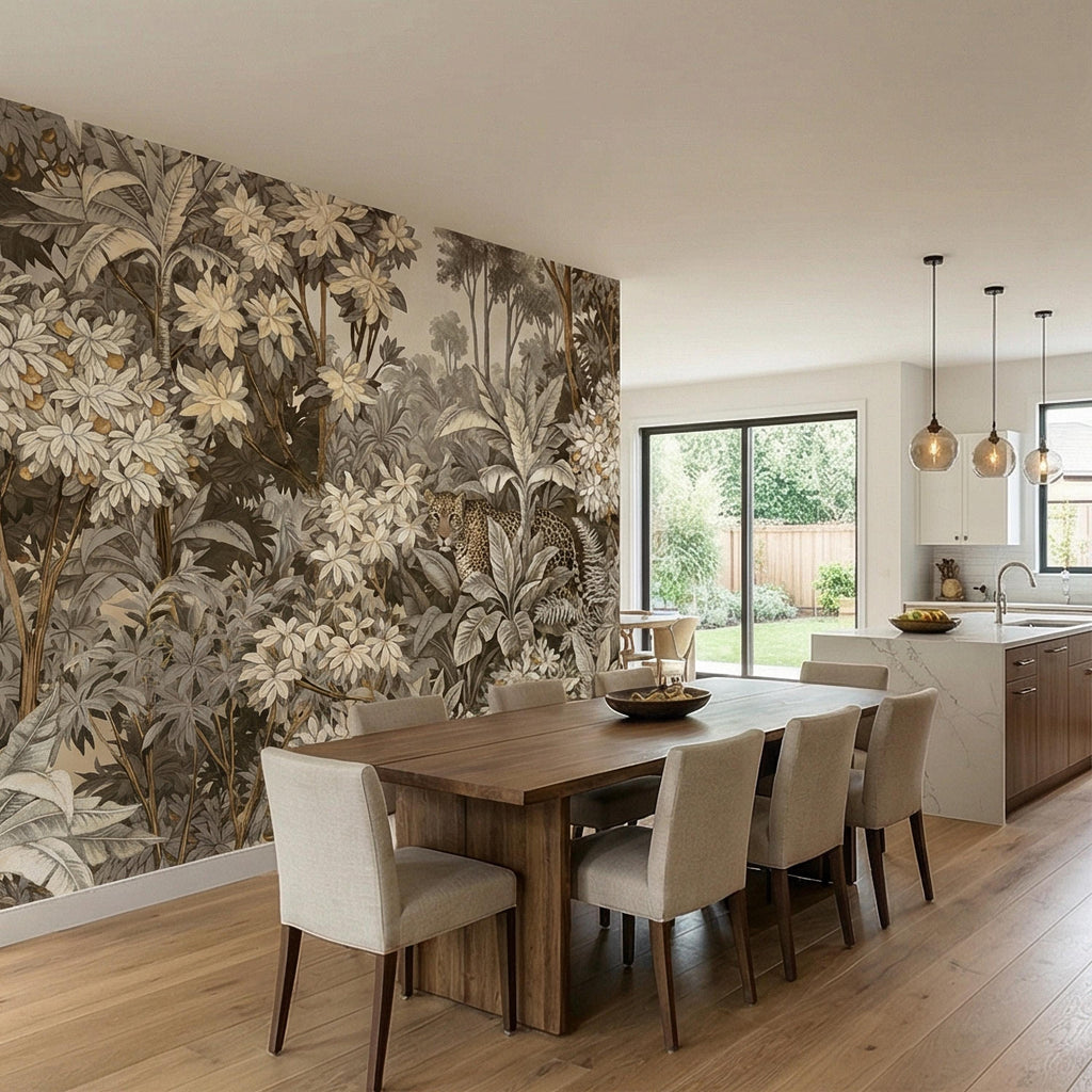 Neutral Leopard Jungle Peel and Stick Wall Mural, Sepia Tropical Botanical Landscape, Vintage Safari Flowers and Palm Leaf Beige Wallpaper