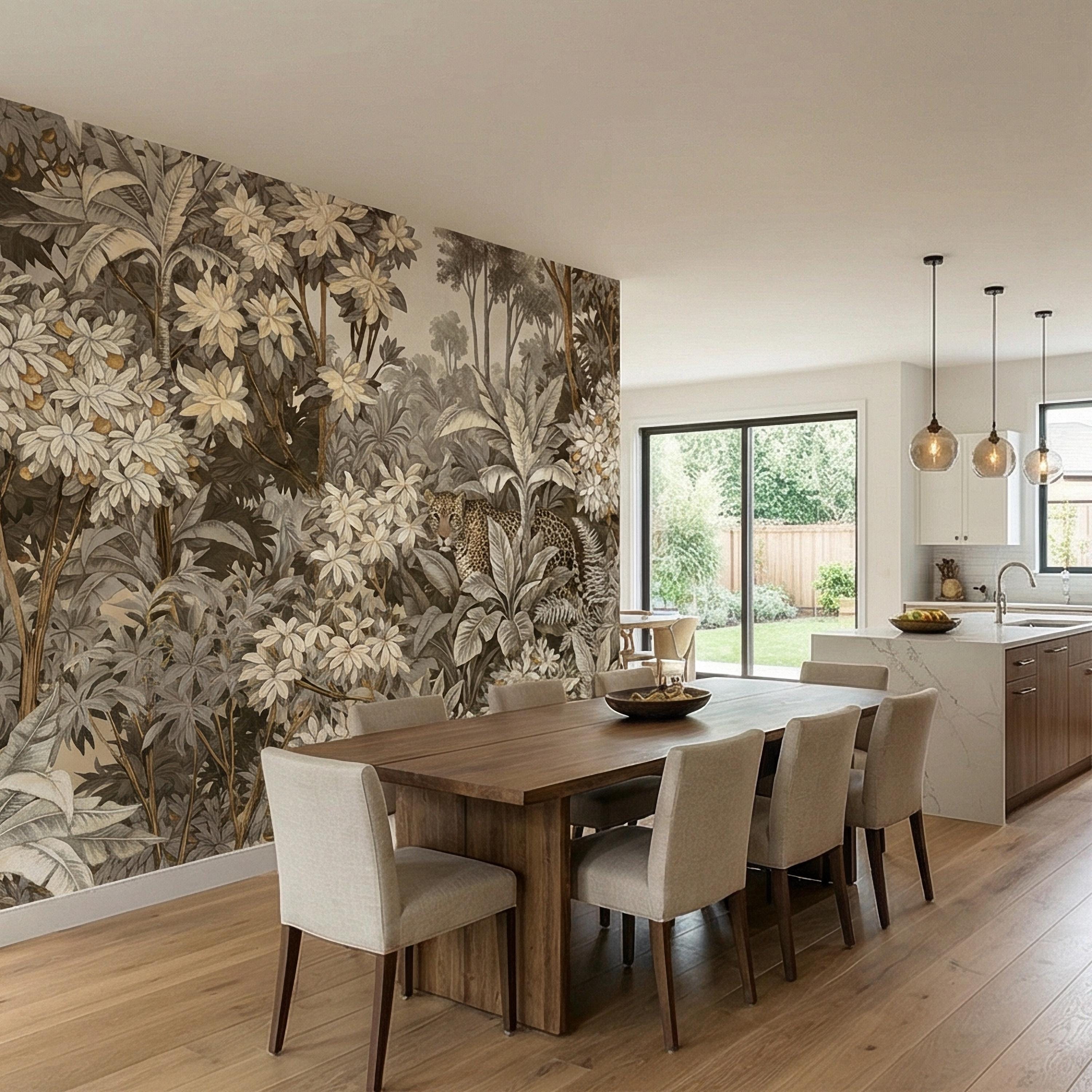 Neutral Leopard Jungle Peel and Stick Wall Mural, Sepia Tropical Botanical Landscape, Vintage Safari Flowers and Palm Leaf Beige Wallpaper