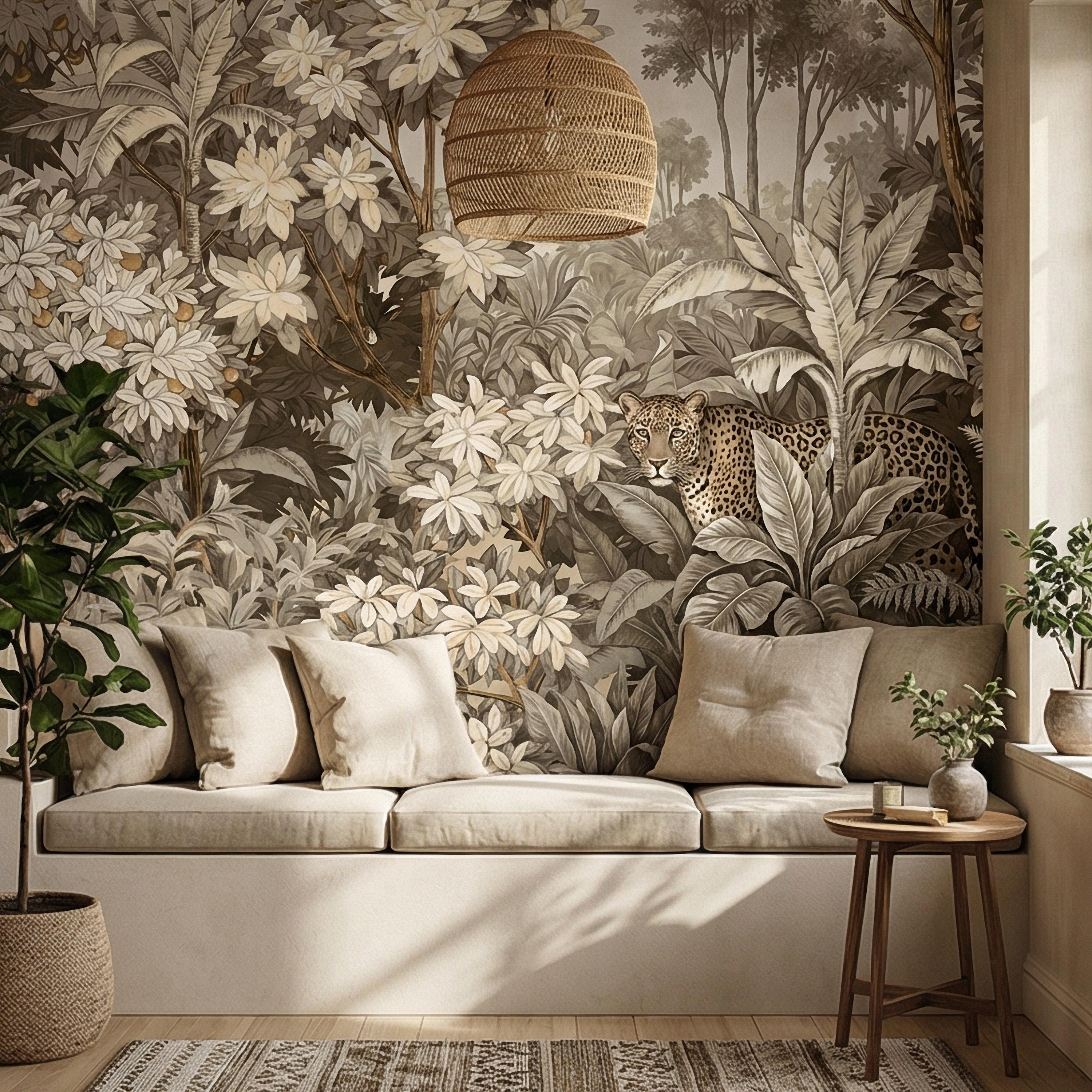Neutral Leopard Jungle Peel and Stick Wall Mural, Sepia Tropical Botanical Landscape, Vintage Safari Flowers and Palm Leaf Beige Wallpaper