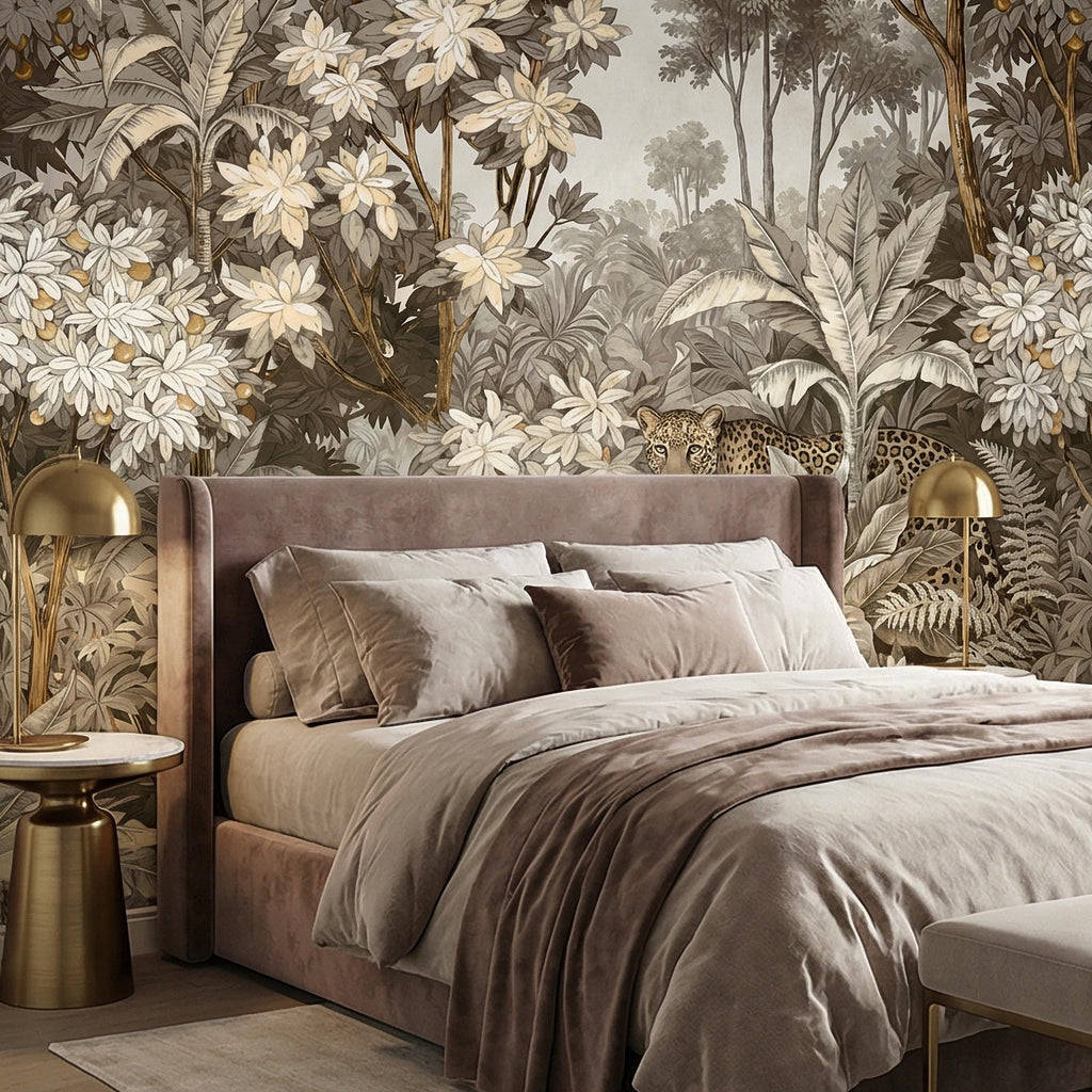 Neutral Leopard Jungle Peel and Stick Wall Mural, Sepia Tropical Botanical Landscape, Vintage Safari Flowers and Palm Leaf Beige Wallpaper