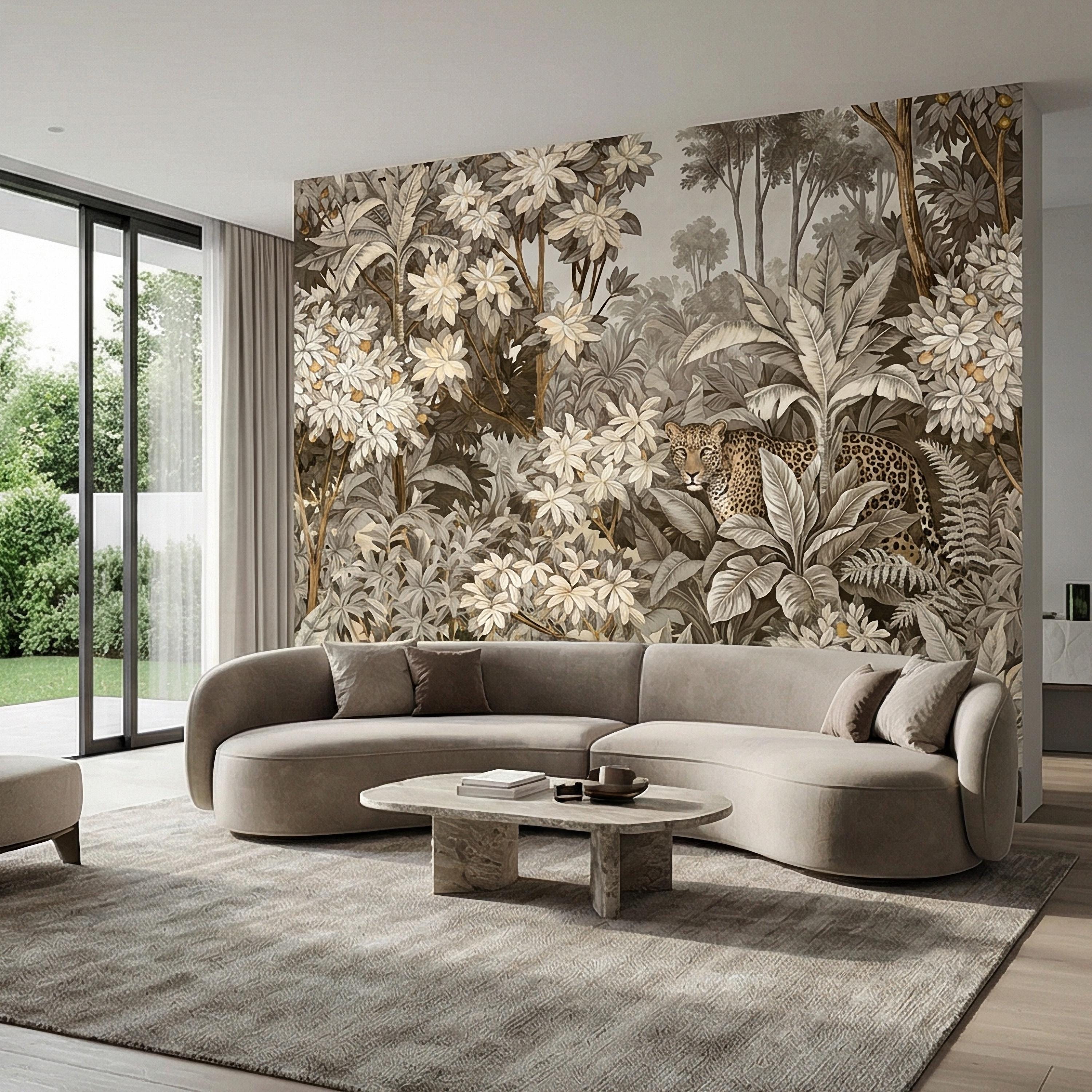Neutral Leopard Jungle Peel and Stick Wall Mural, Sepia Tropical Botanical Landscape, Vintage Safari Flowers and Palm Leaf Beige Wallpaper