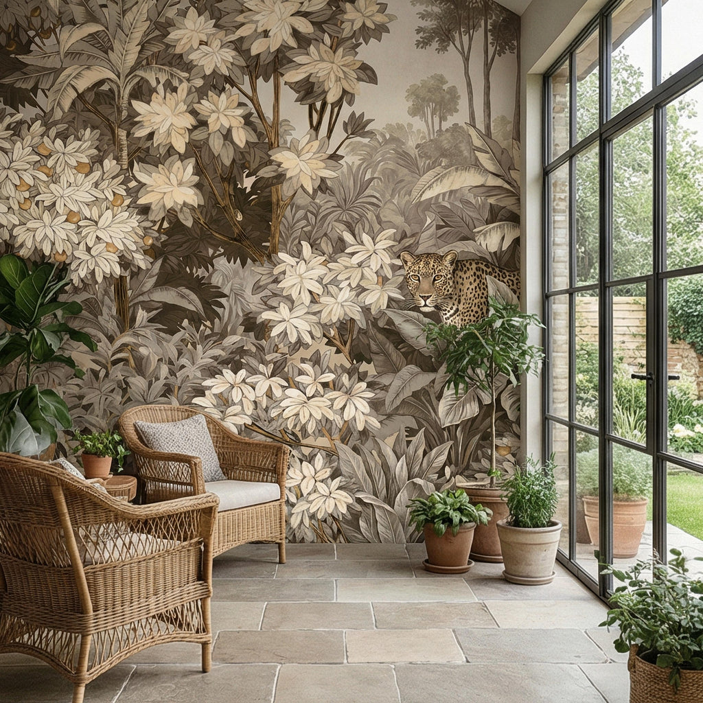 Neutral Leopard Jungle Peel and Stick Wall Mural, Sepia Tropical Botanical Landscape, Vintage Safari Flowers and Palm Leaf Beige Wallpaper