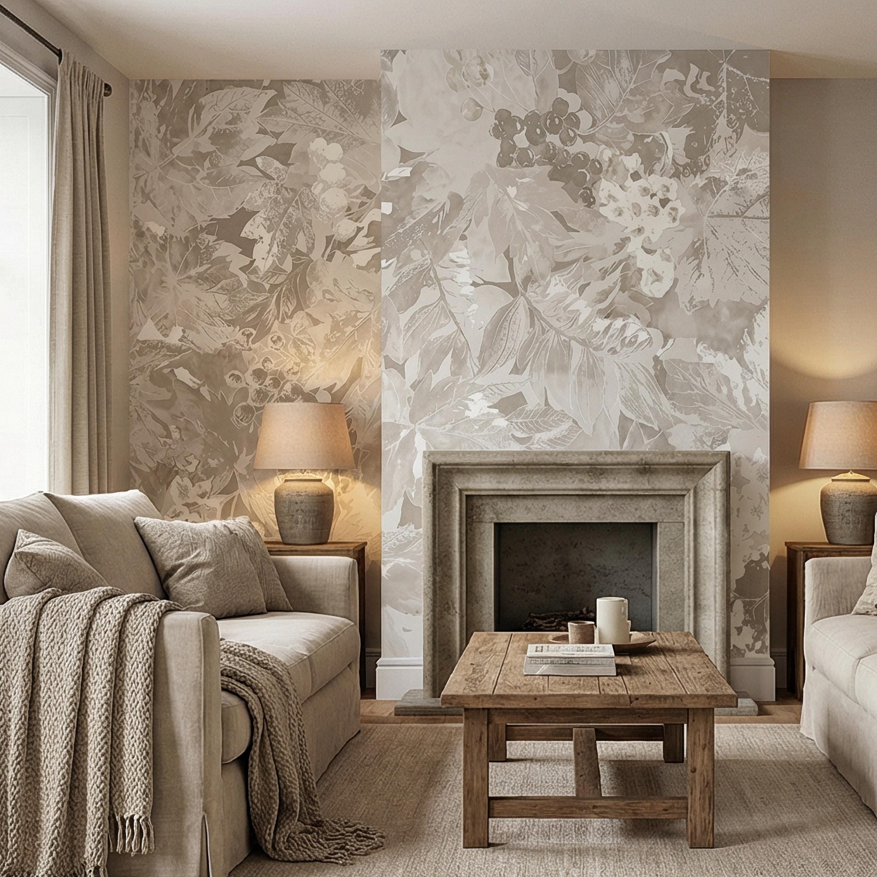 Neutral Botanical Peel and Stick Wall Mural, Vintage Beige Floral Foliage, Soft French Country Wallpaper