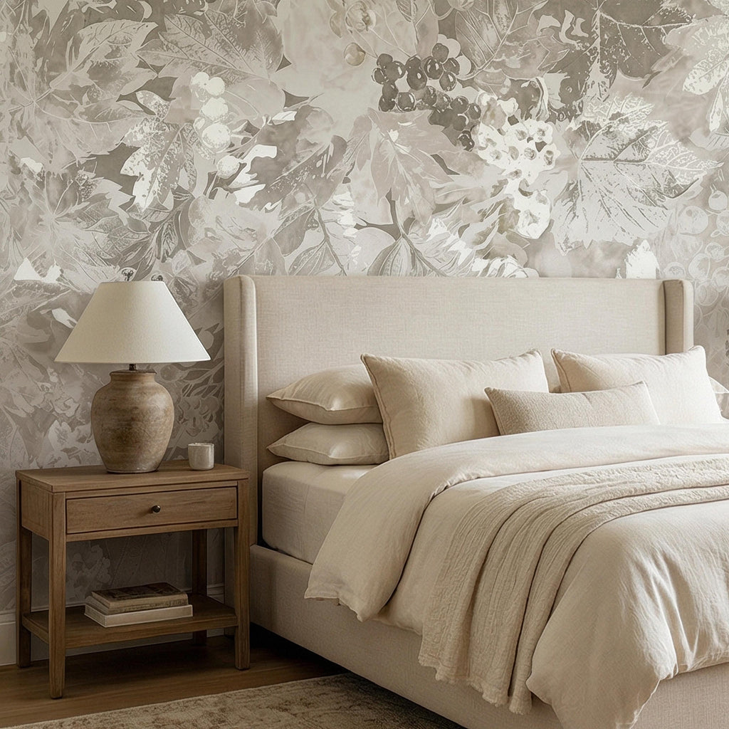 Neutral Botanical Peel and Stick Wall Mural, Vintage Beige Floral Foliage, Soft French Country Wallpaper