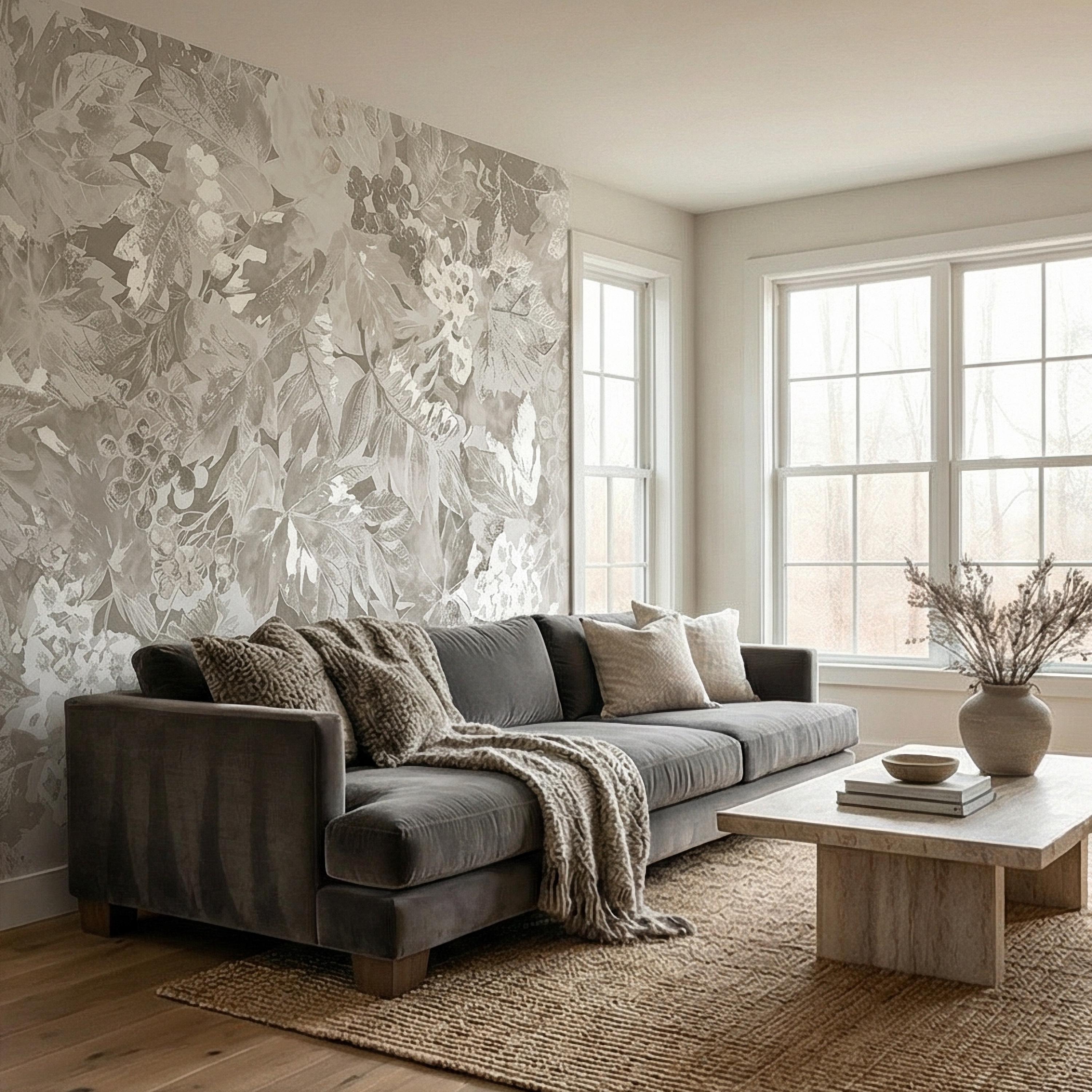 Neutral Botanical Peel and Stick Wall Mural, Vintage Beige Floral Foliage, Soft French Country Wallpaper