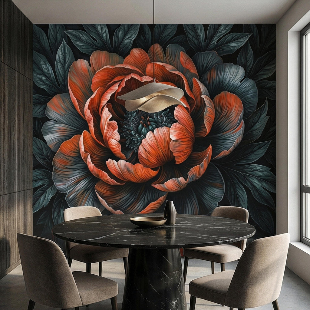 Dark Peony Peel and Stick Wall Mural, Oversized Moody Floral Bloom, Large Scale Burnt Orange Flower, Black Teal Dramatic Botanical Wallpaper