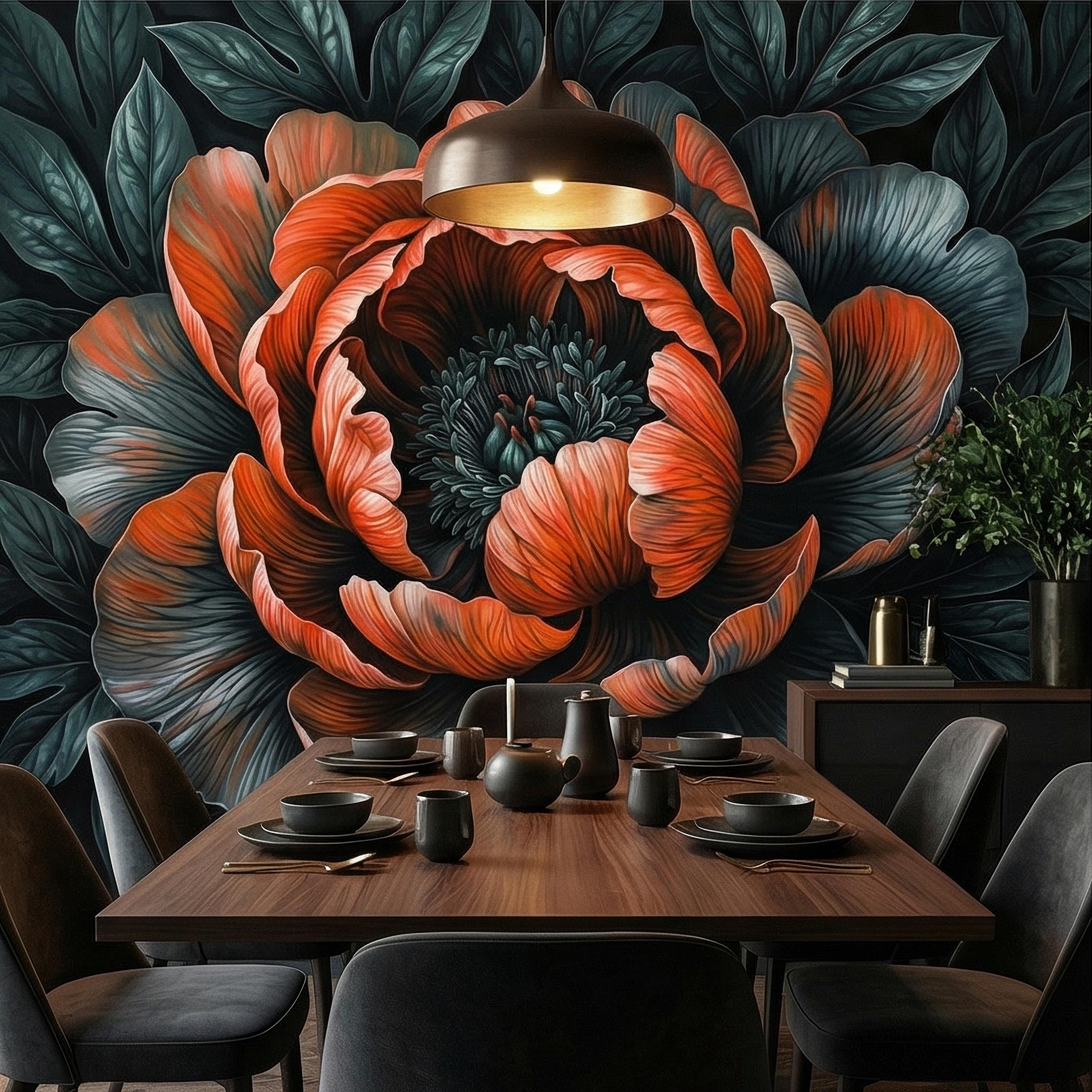 Dark Peony Peel and Stick Wall Mural, Oversized Moody Floral Bloom, Large Scale Burnt Orange Flower, Black Teal Dramatic Botanical Wallpaper