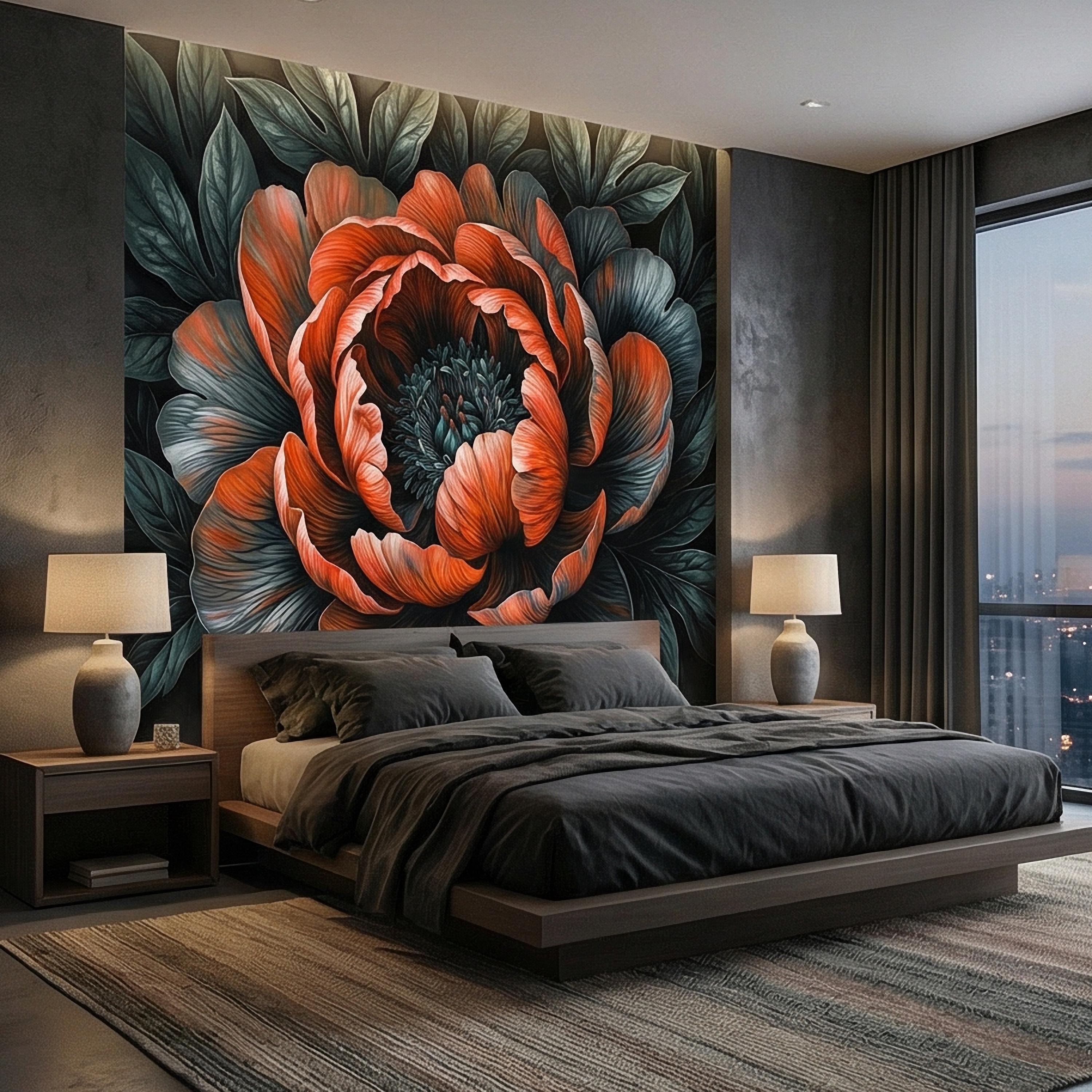 Dark Peony Peel and Stick Wall Mural, Oversized Moody Floral Bloom, Large Scale Burnt Orange Flower, Black Teal Dramatic Botanical Wallpaper