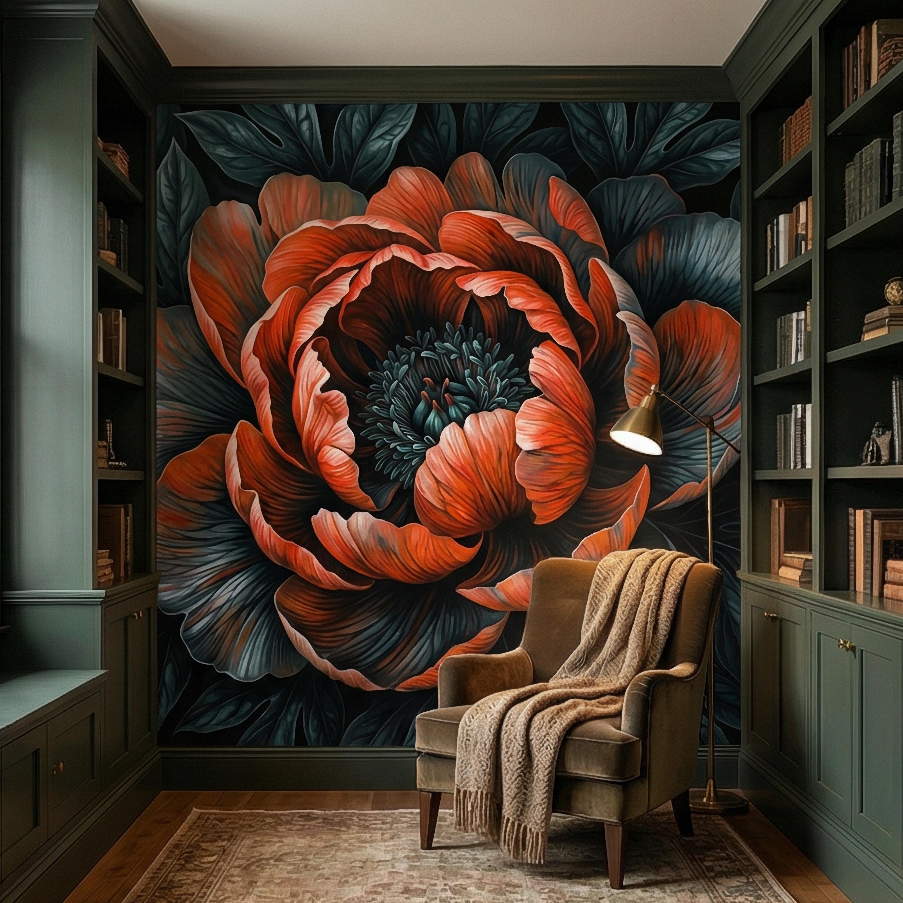 Dark Peony Peel and Stick Wall Mural, Oversized Moody Floral Bloom, Large Scale Burnt Orange Flower, Black Teal Dramatic Botanical Wallpaper