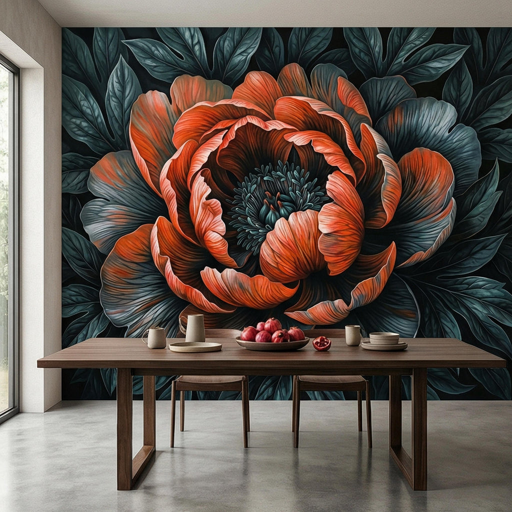 Dark Peony Peel and Stick Wall Mural, Oversized Moody Floral Bloom, Large Scale Burnt Orange Flower, Black Teal Dramatic Botanical Wallpaper