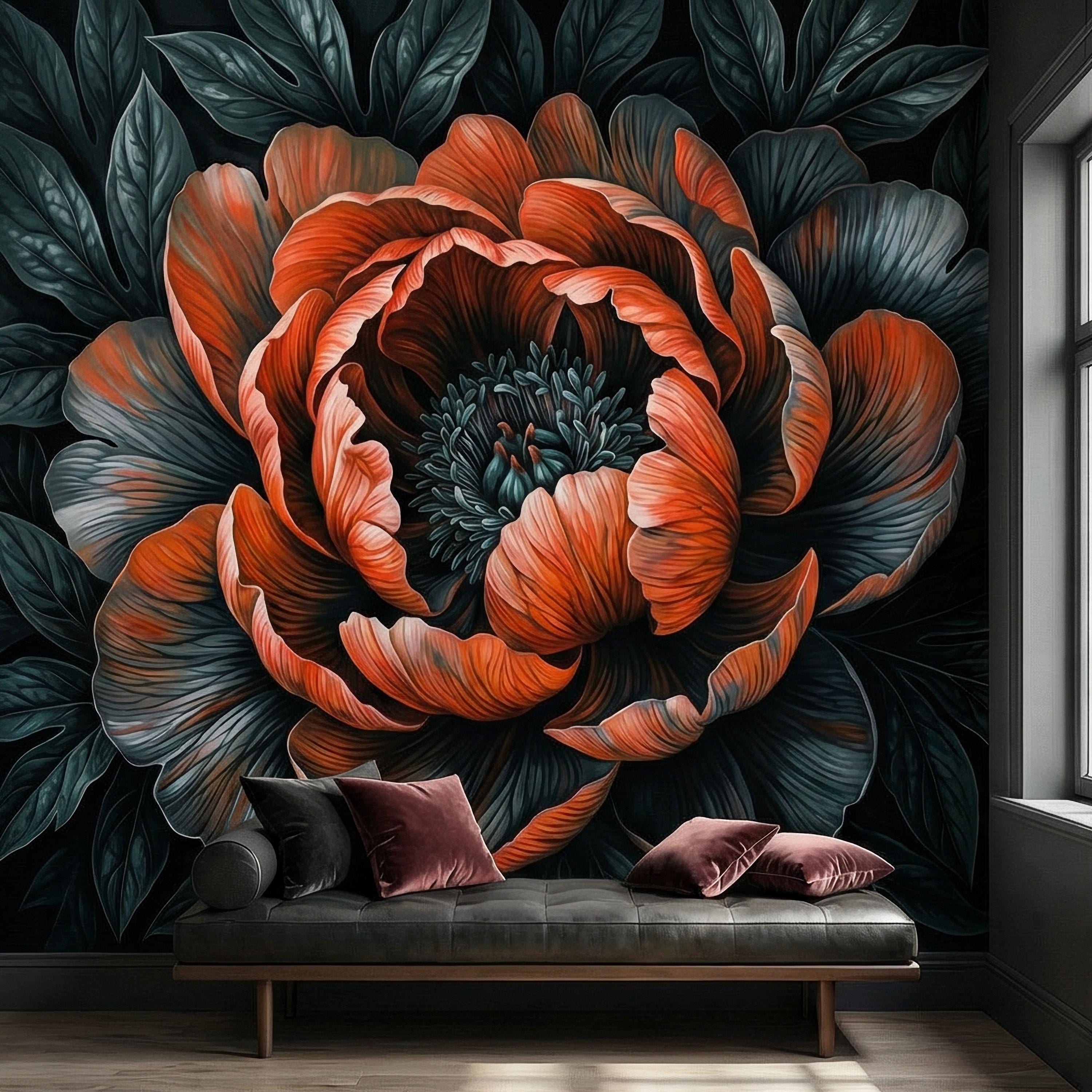 Dark Peony Peel and Stick Wall Mural, Oversized Moody Floral Bloom, Large Scale Burnt Orange Flower, Black Teal Dramatic Botanical Wallpaper
