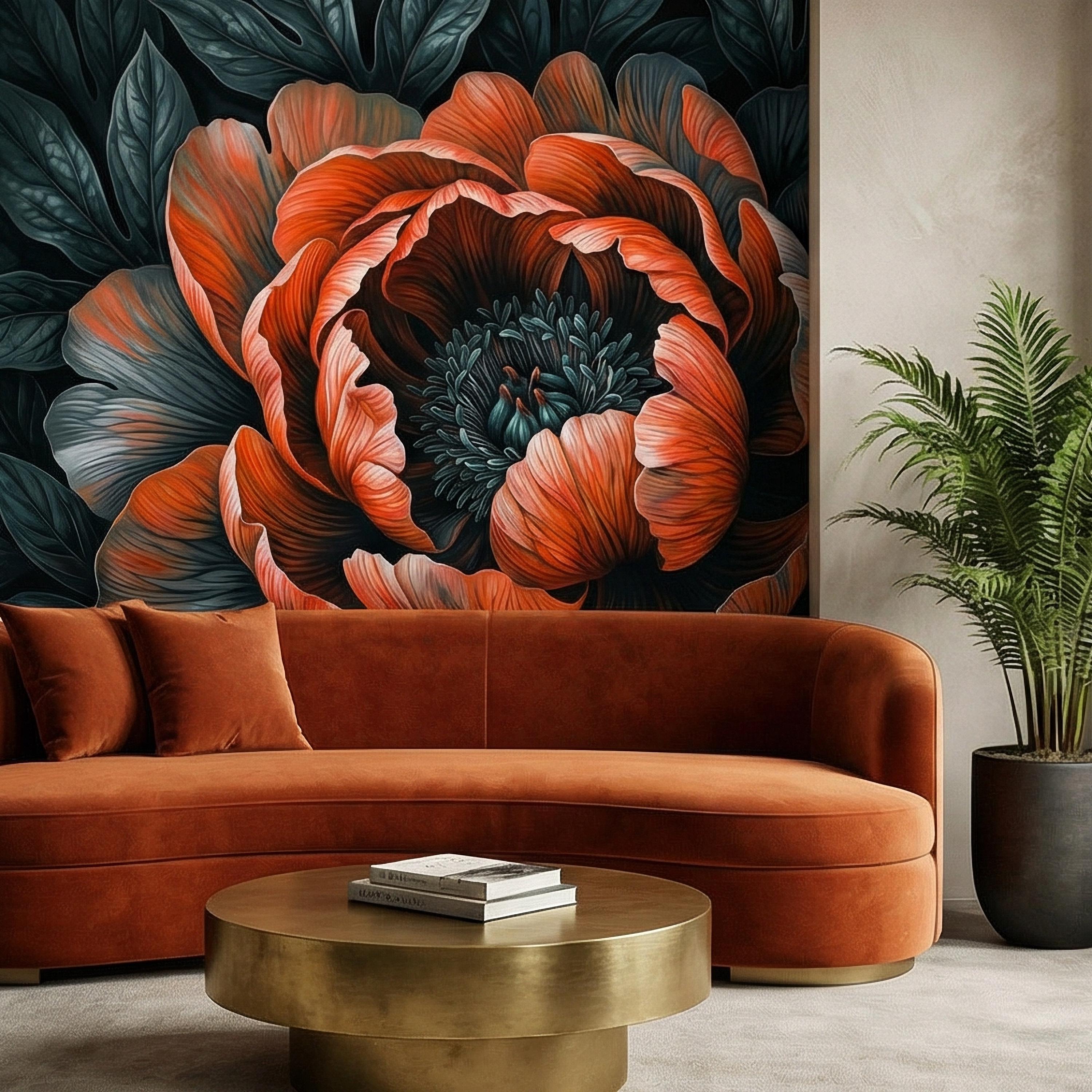 Dark Peony Peel and Stick Wall Mural, Oversized Moody Floral Bloom, Large Scale Burnt Orange Flower, Black Teal Dramatic Botanical Wallpaper