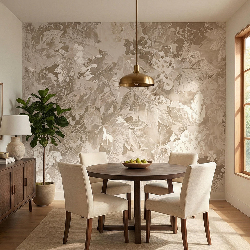 Neutral Botanical Peel and Stick Wall Mural, Vintage Beige Floral Foliage, Soft French Country Wallpaper