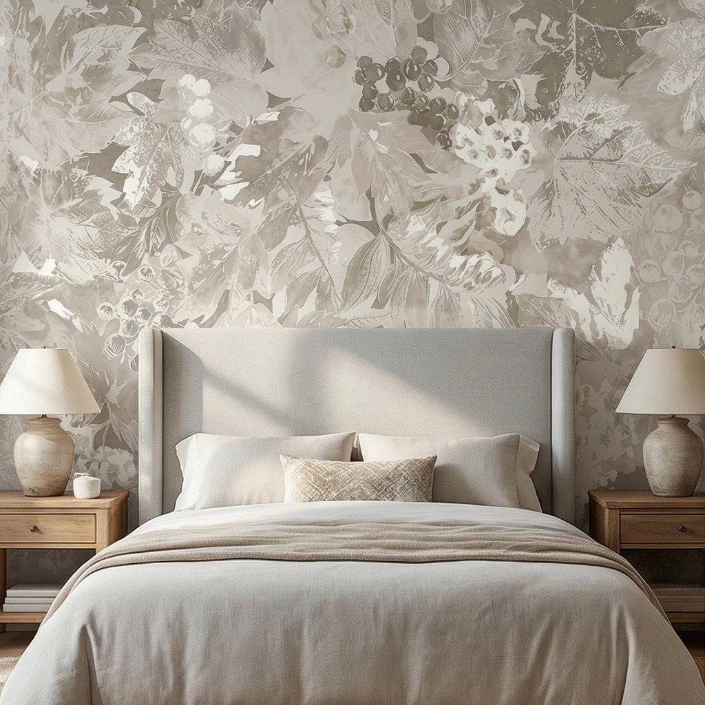 Neutral Botanical Peel and Stick Wall Mural, Vintage Beige Floral Foliage, Soft French Country Wallpaper