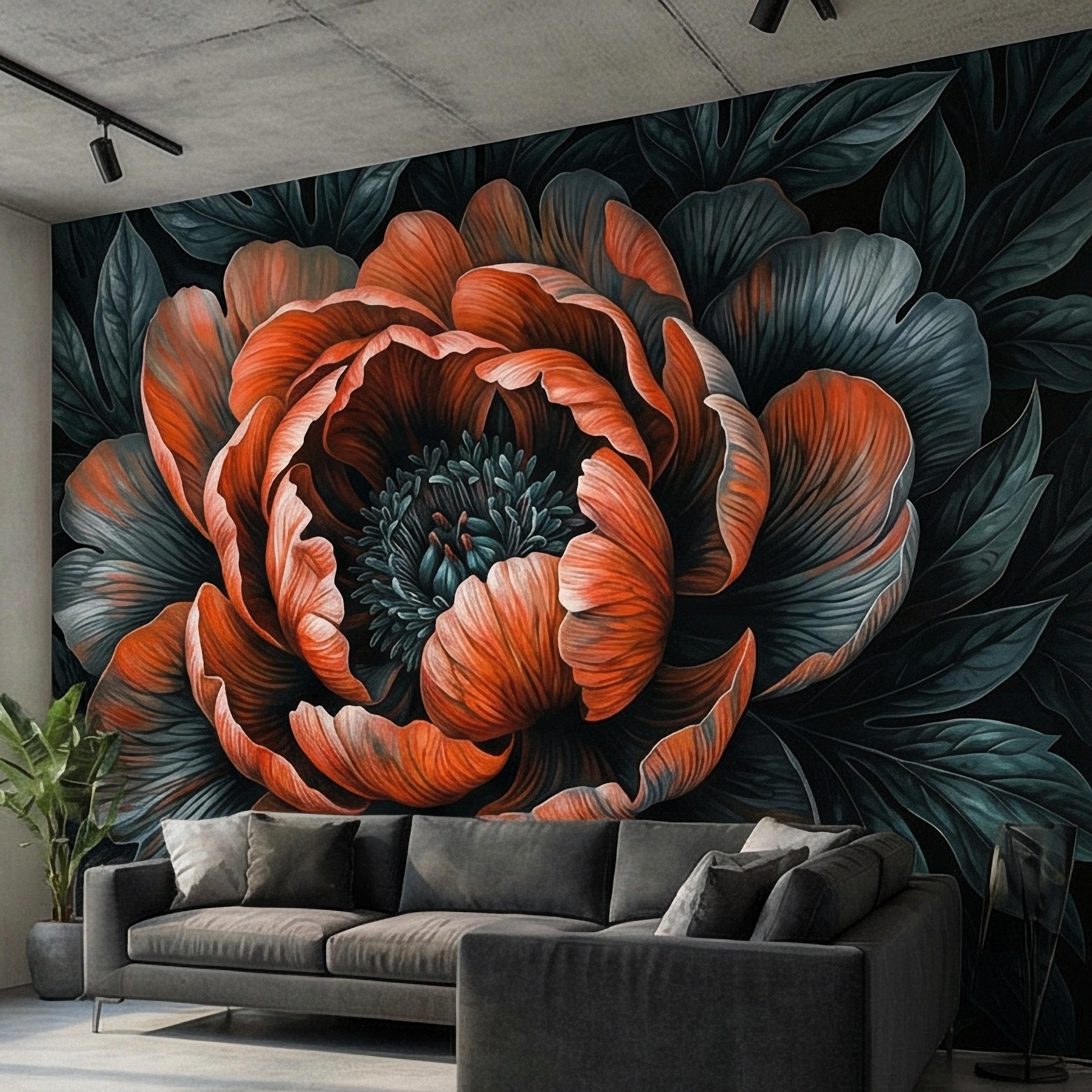 Dark Peony Peel and Stick Wall Mural, Oversized Moody Floral Bloom, Large Scale Burnt Orange Flower, Black Teal Dramatic Botanical Wallpaper