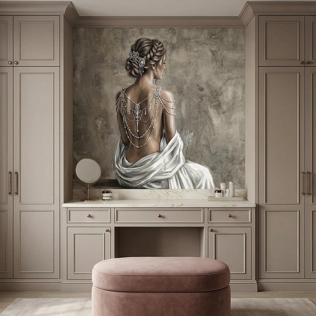 Elegant Woman Peel and Stick Wall Mural, Neutral Taupe Portrait, Romantic Feminine Figure, Soft Vintage Glam Wallpaper