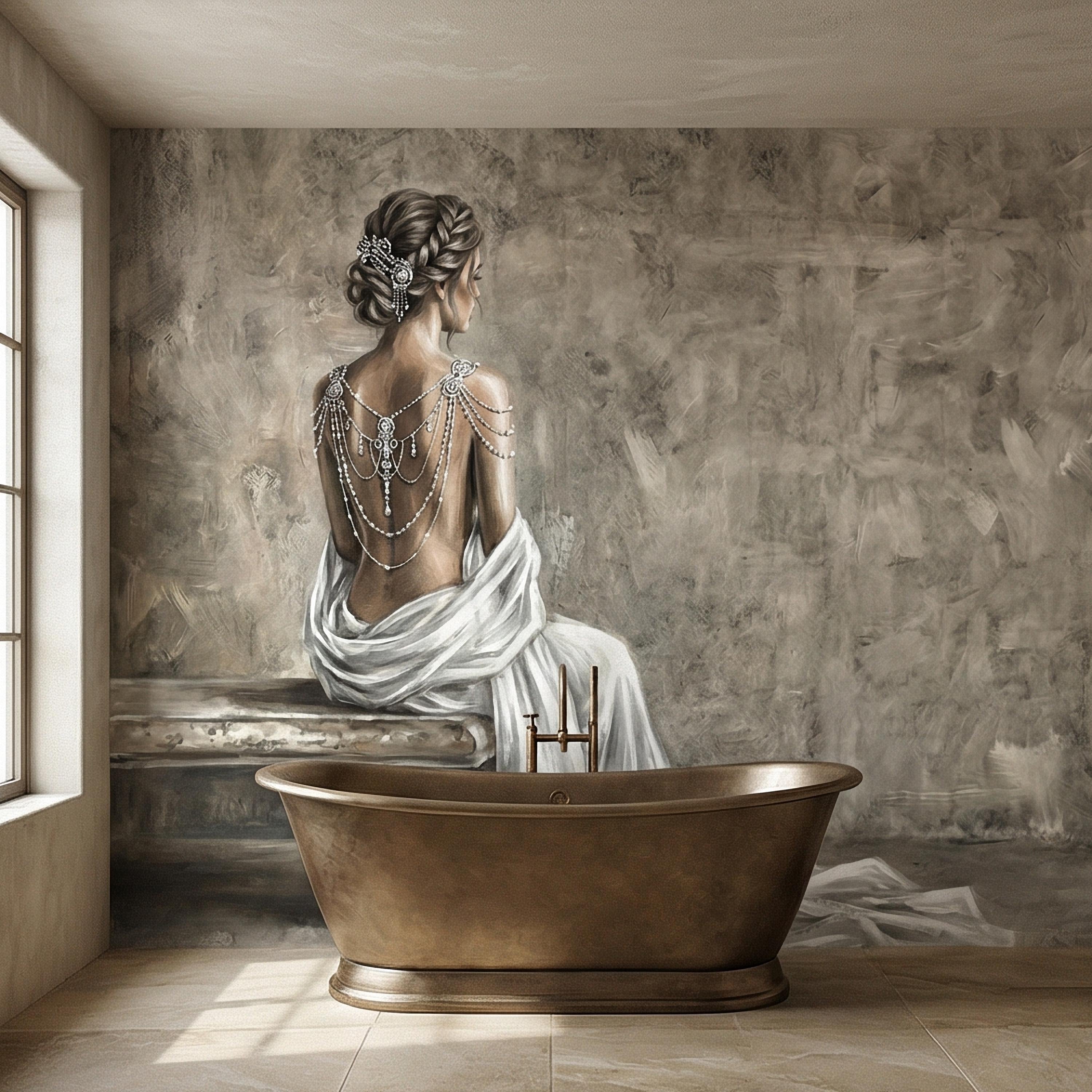 Elegant Woman Peel and Stick Wall Mural, Neutral Taupe Portrait, Romantic Feminine Figure, Soft Vintage Glam Wallpaper