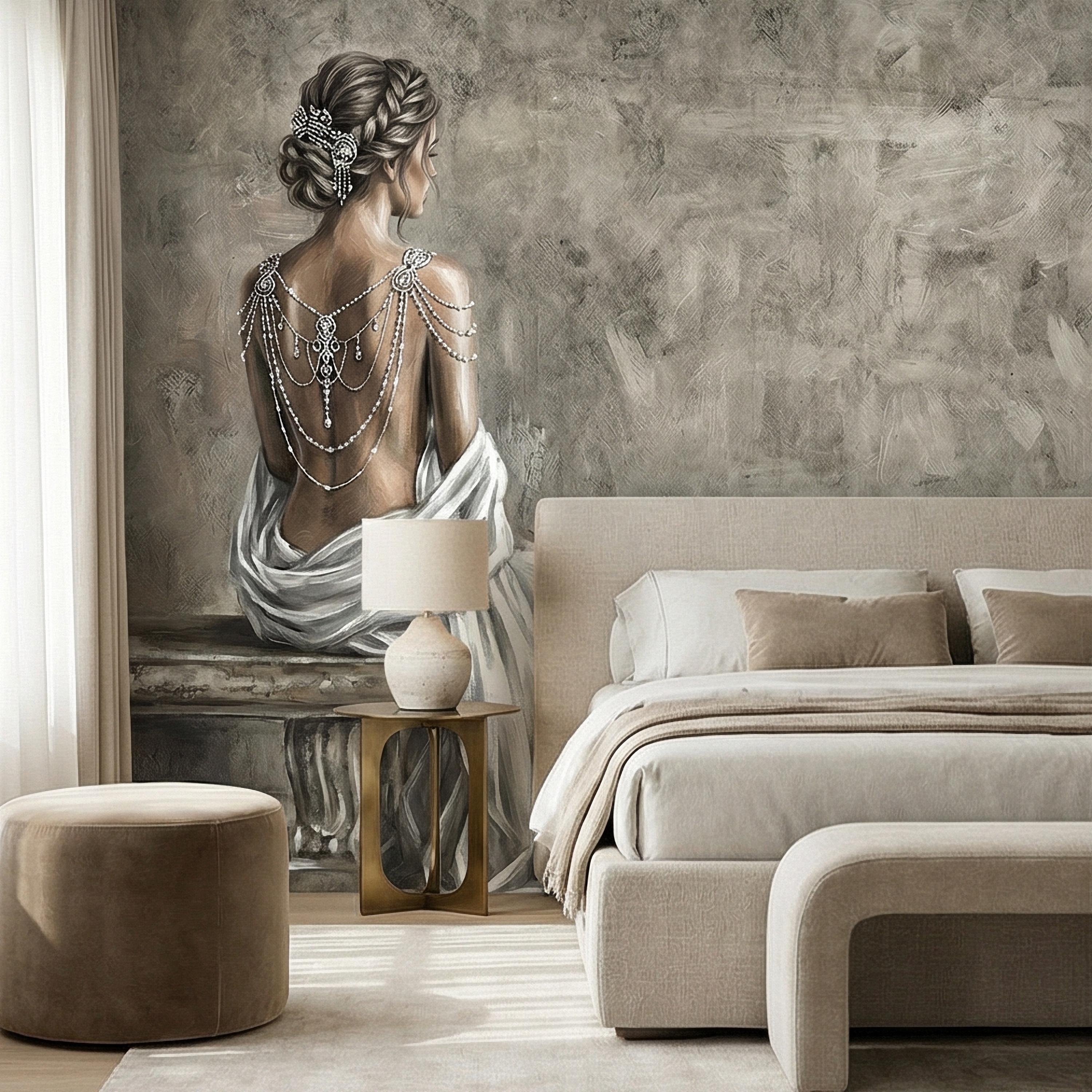 Elegant Woman Peel and Stick Wall Mural, Neutral Taupe Portrait, Romantic Feminine Figure, Soft Vintage Glam Wallpaper
