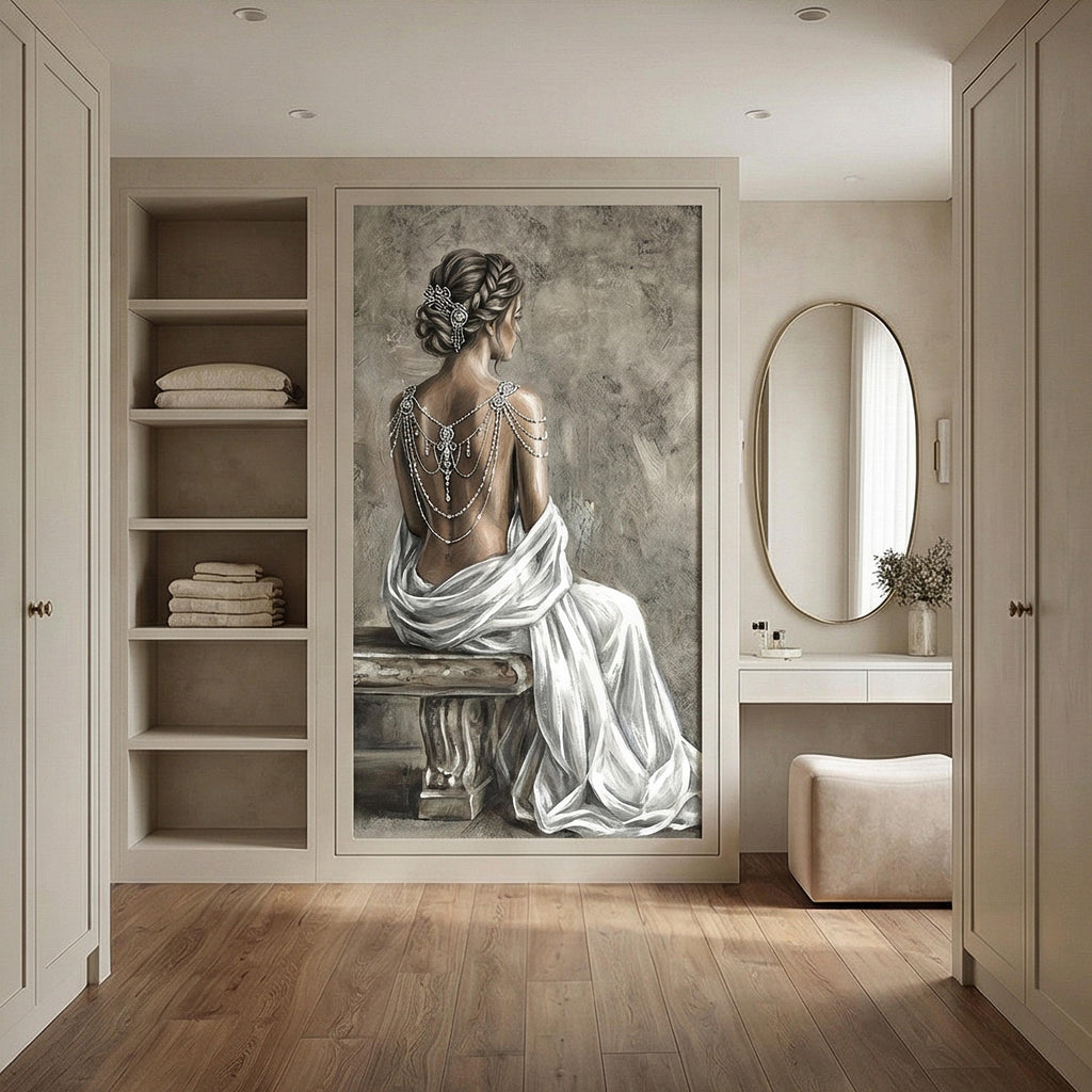 Elegant Woman Peel and Stick Wall Mural, Neutral Taupe Portrait, Romantic Feminine Figure, Soft Vintage Glam Wallpaper
