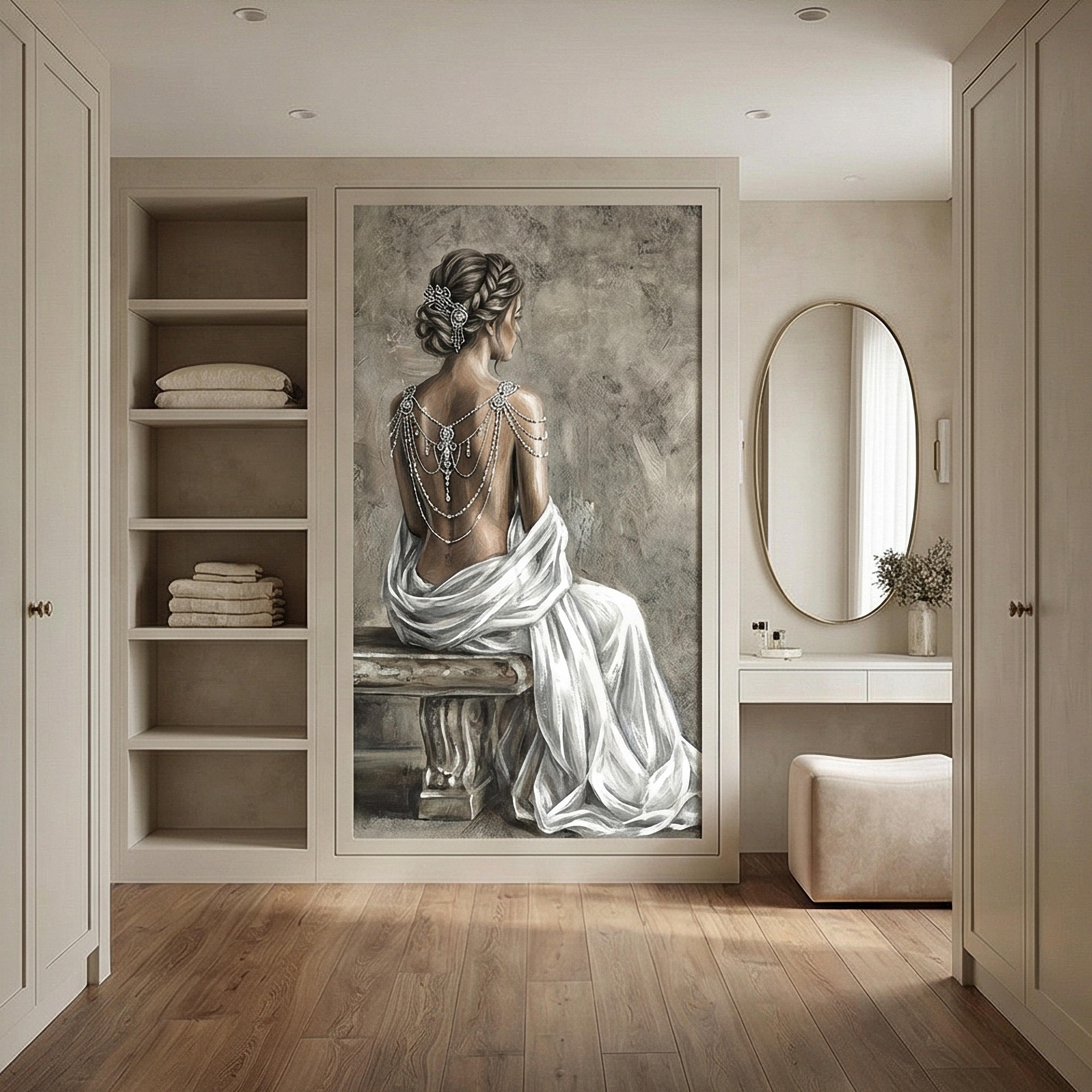 Elegant Woman Peel and Stick Wall Mural, Neutral Taupe Portrait, Romantic Feminine Figure, Soft Vintage Glam Wallpaper