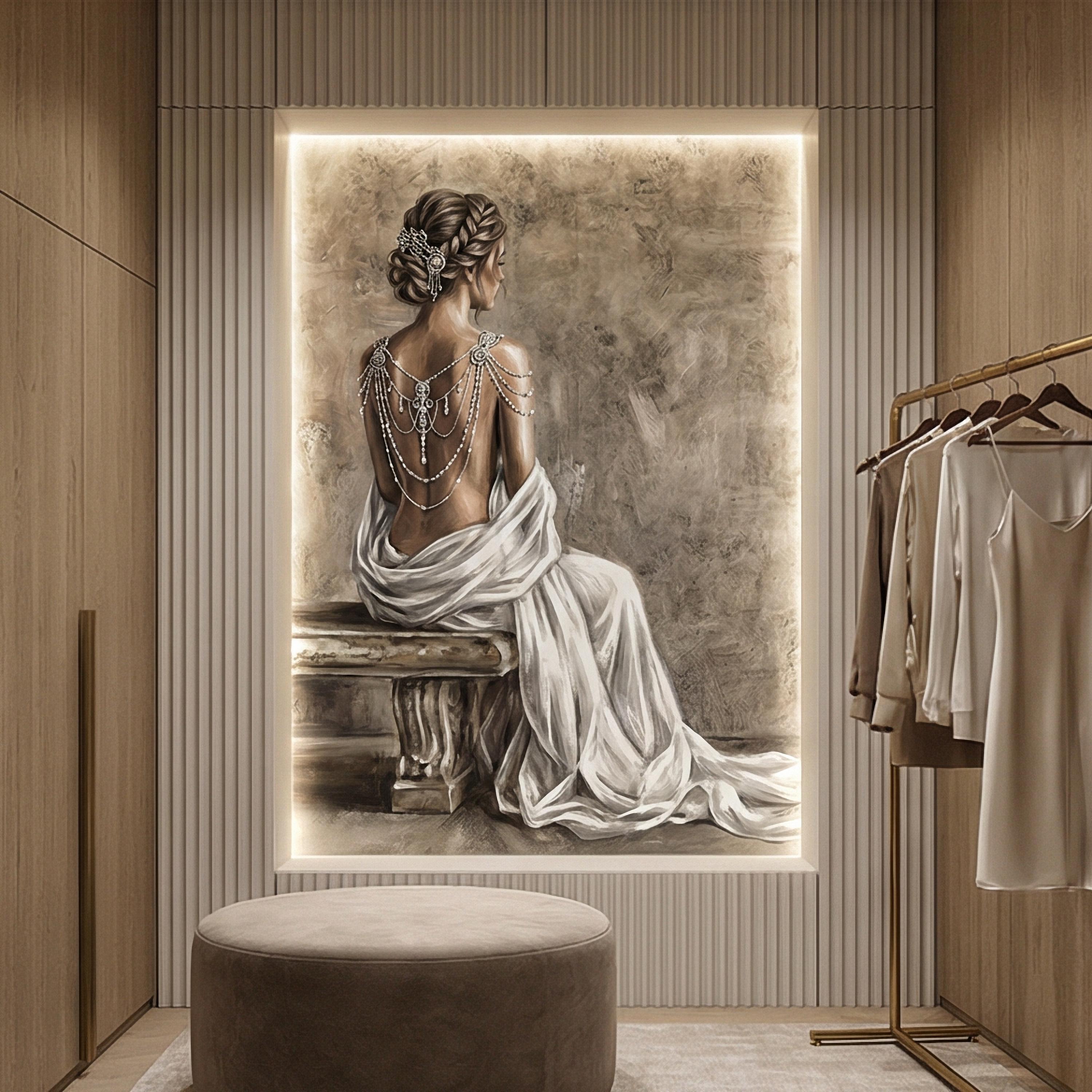 Elegant Woman Peel and Stick Wall Mural, Neutral Taupe Portrait, Romantic Feminine Figure, Soft Vintage Glam Wallpaper