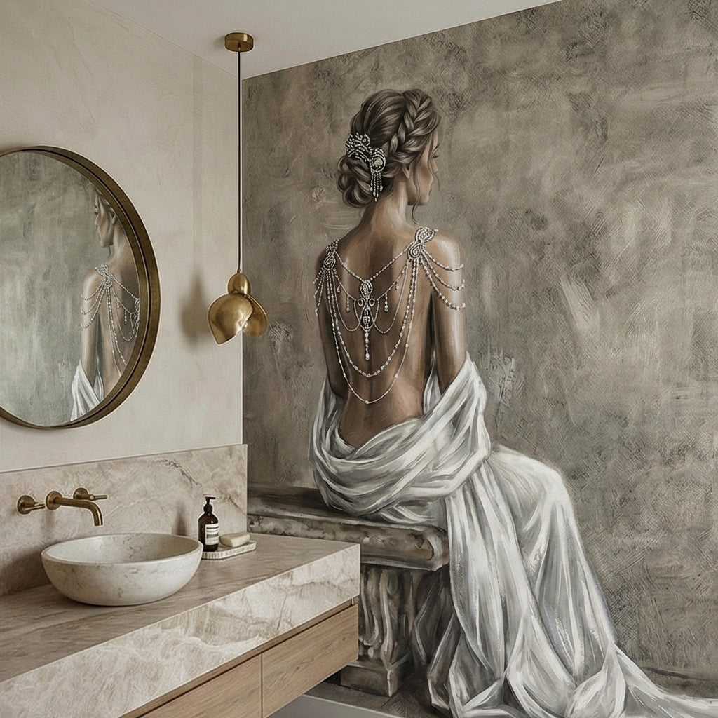Elegant Woman Peel and Stick Wall Mural, Neutral Taupe Portrait, Romantic Feminine Figure, Soft Vintage Glam Wallpaper