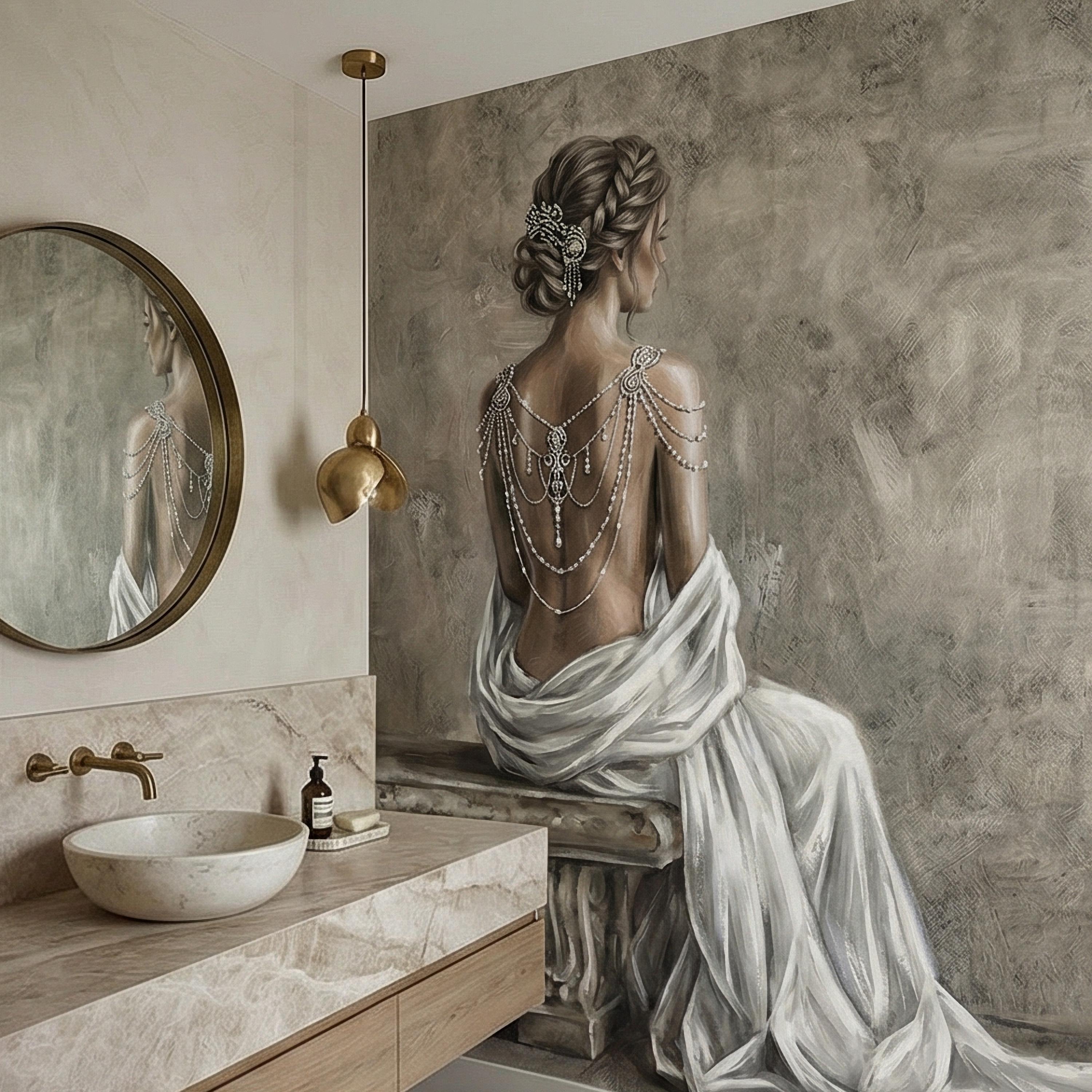 Elegant Woman Peel and Stick Wall Mural, Neutral Taupe Portrait, Romantic Feminine Figure, Soft Vintage Glam Wallpaper