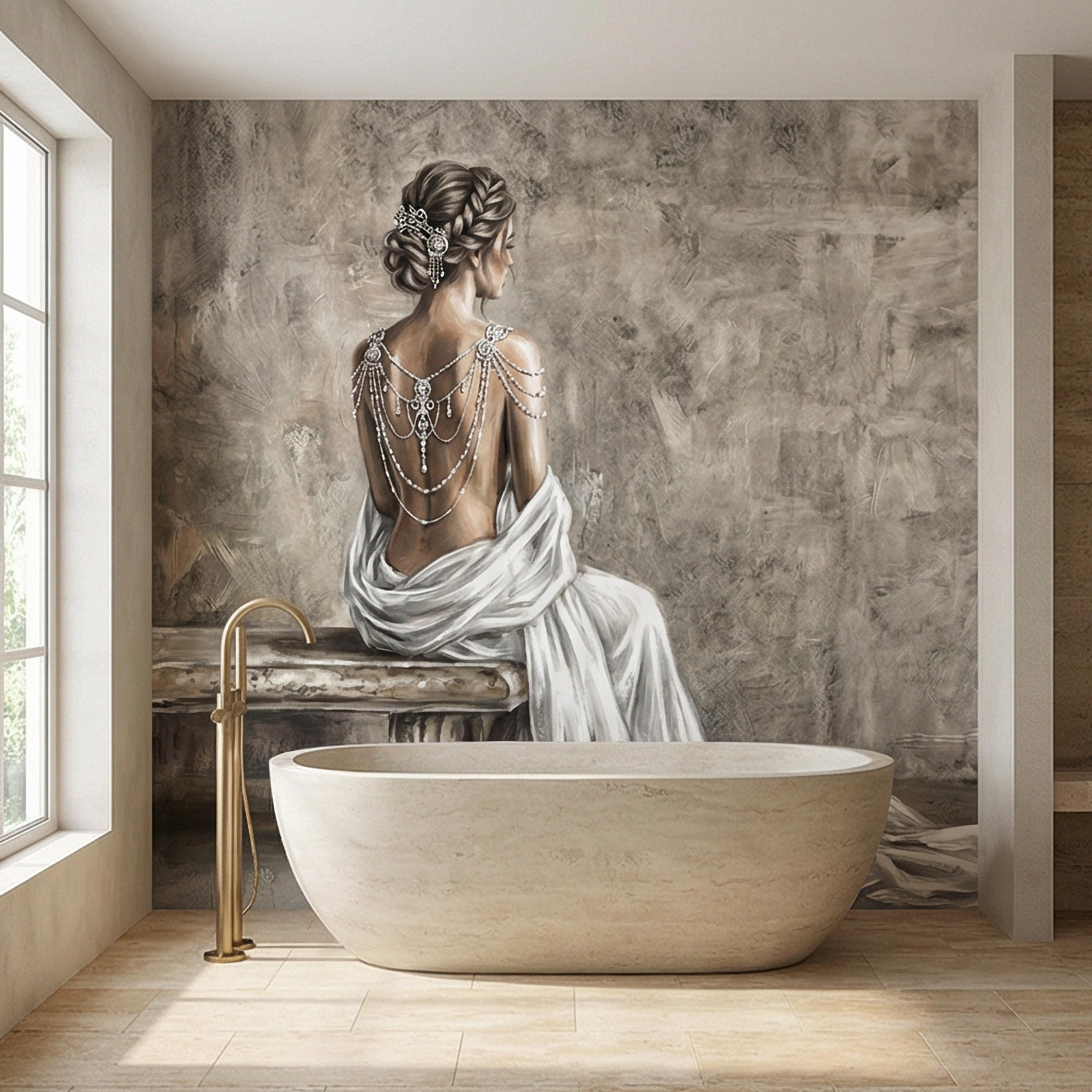 Elegant Woman Peel and Stick Wall Mural, Neutral Taupe Portrait, Romantic Feminine Figure, Soft Vintage Glam Wallpaper