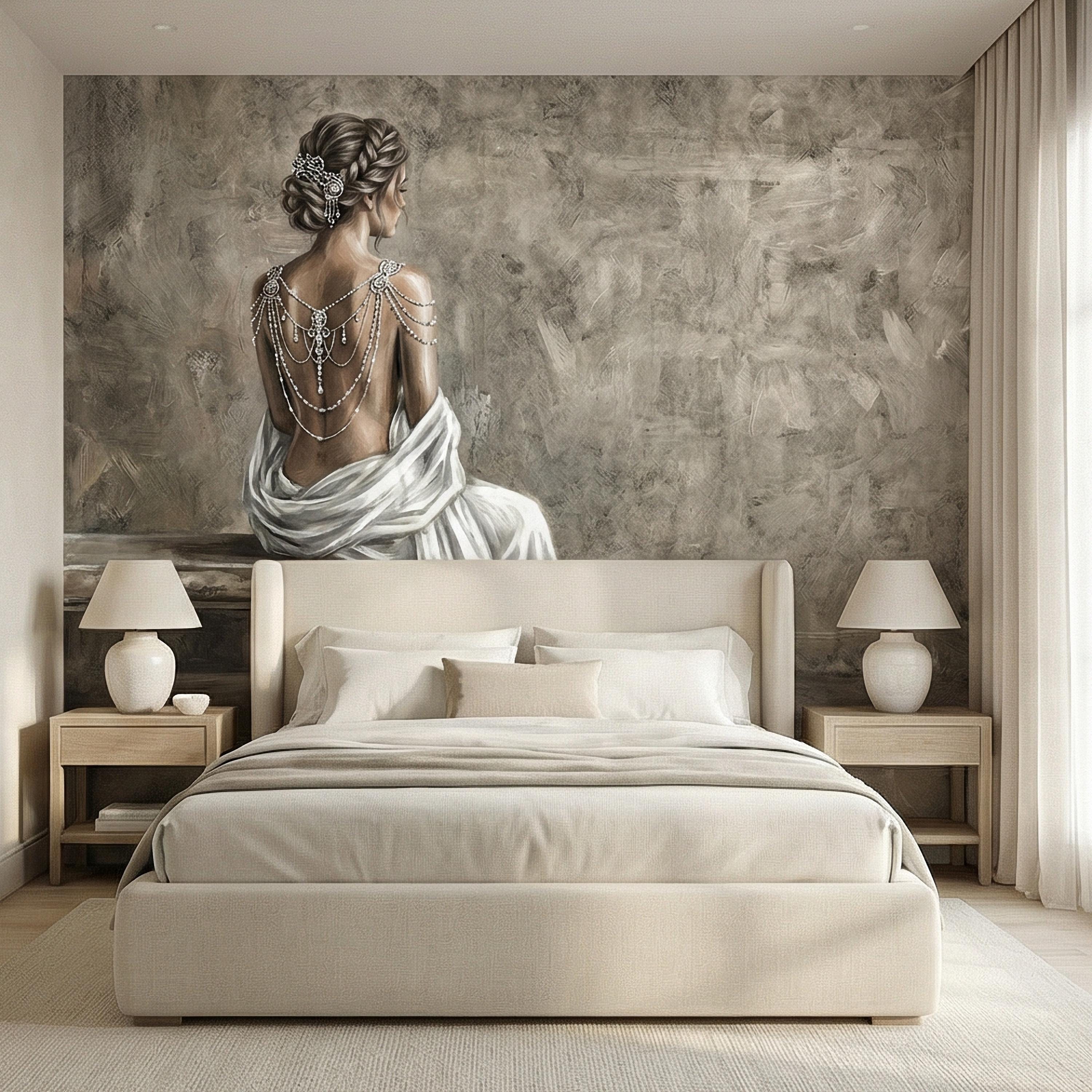 Elegant Woman Peel and Stick Wall Mural, Neutral Taupe Portrait, Romantic Feminine Figure, Soft Vintage Glam Wallpaper