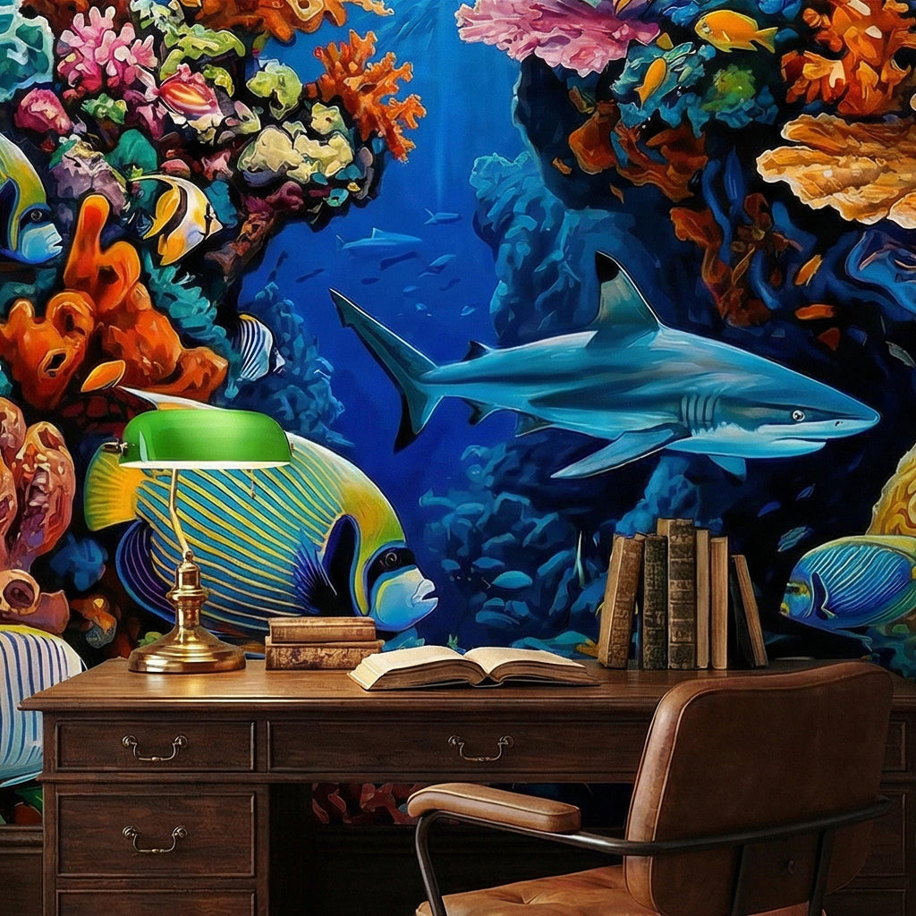 Tropical Coral Reef Peel and Stick Wall Mural, Colorful Ocean Fish Underwater Scene, Vibrant Sea Life Wallpaper