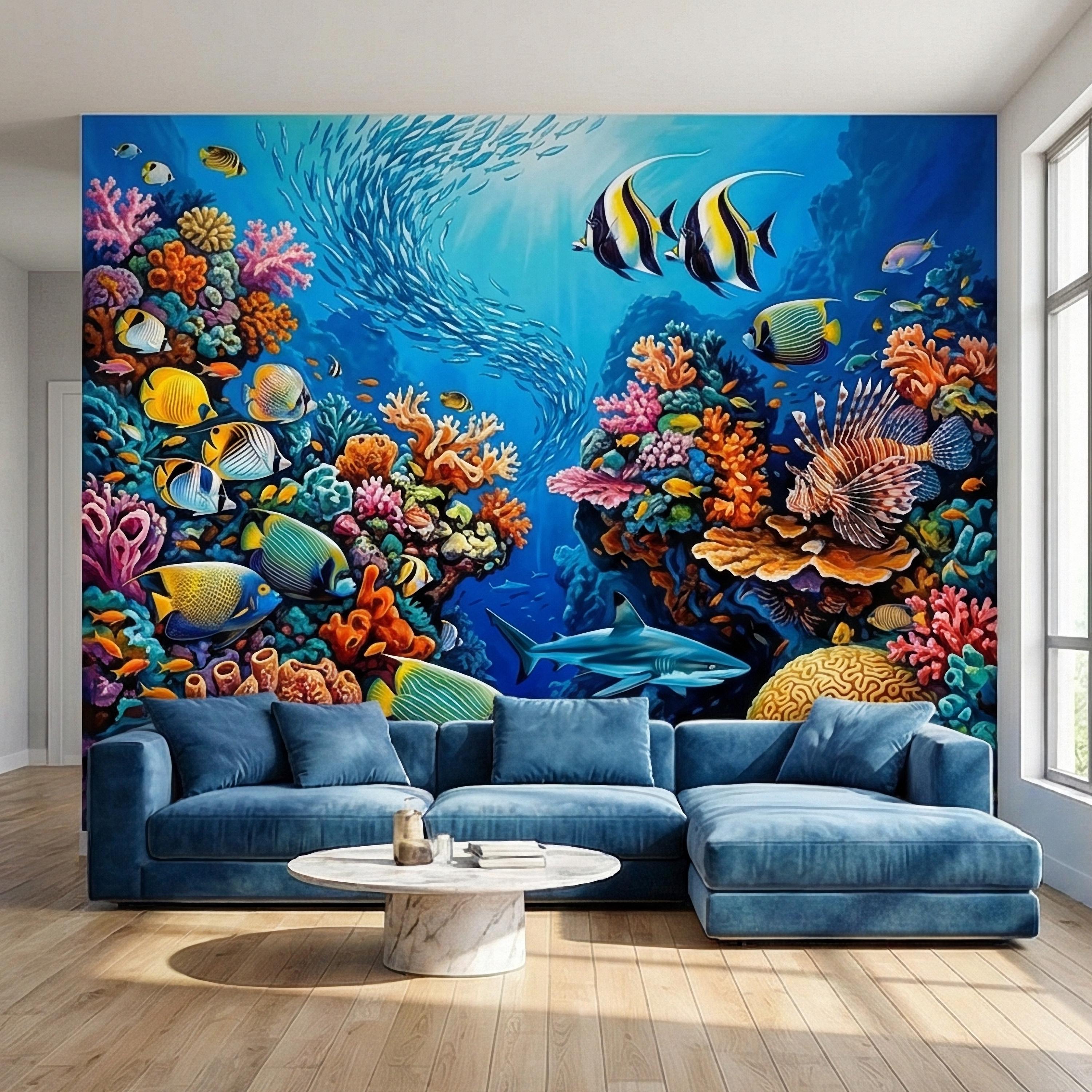 Tropical Coral Reef Peel and Stick Wall Mural, Colorful Ocean Fish Underwater Scene, Vibrant Sea Life Wallpaper