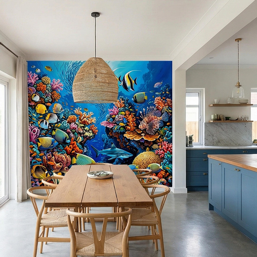 Tropical Coral Reef Peel and Stick Wall Mural, Colorful Ocean Fish Underwater Scene, Vibrant Sea Life Wallpaper