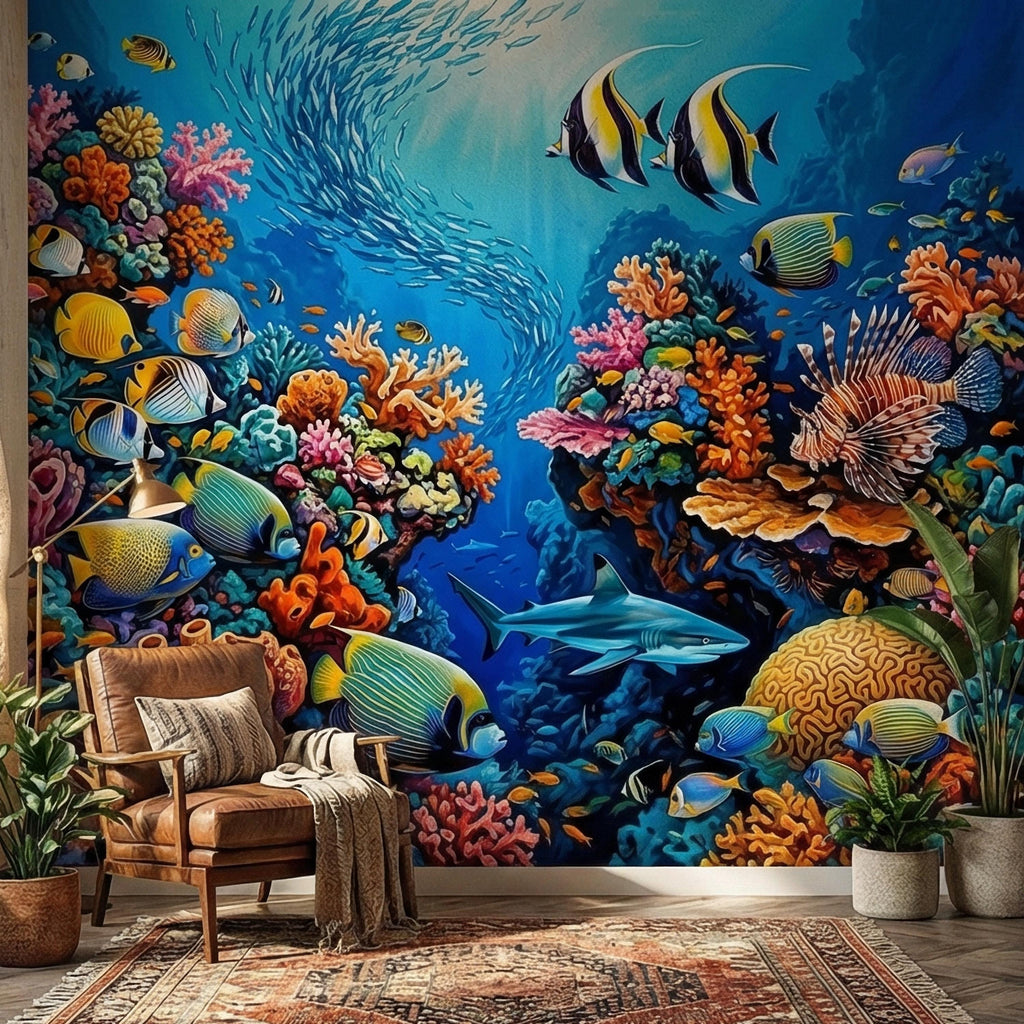 Tropical Coral Reef Peel and Stick Wall Mural, Colorful Ocean Fish Underwater Scene, Vibrant Sea Life Wallpaper