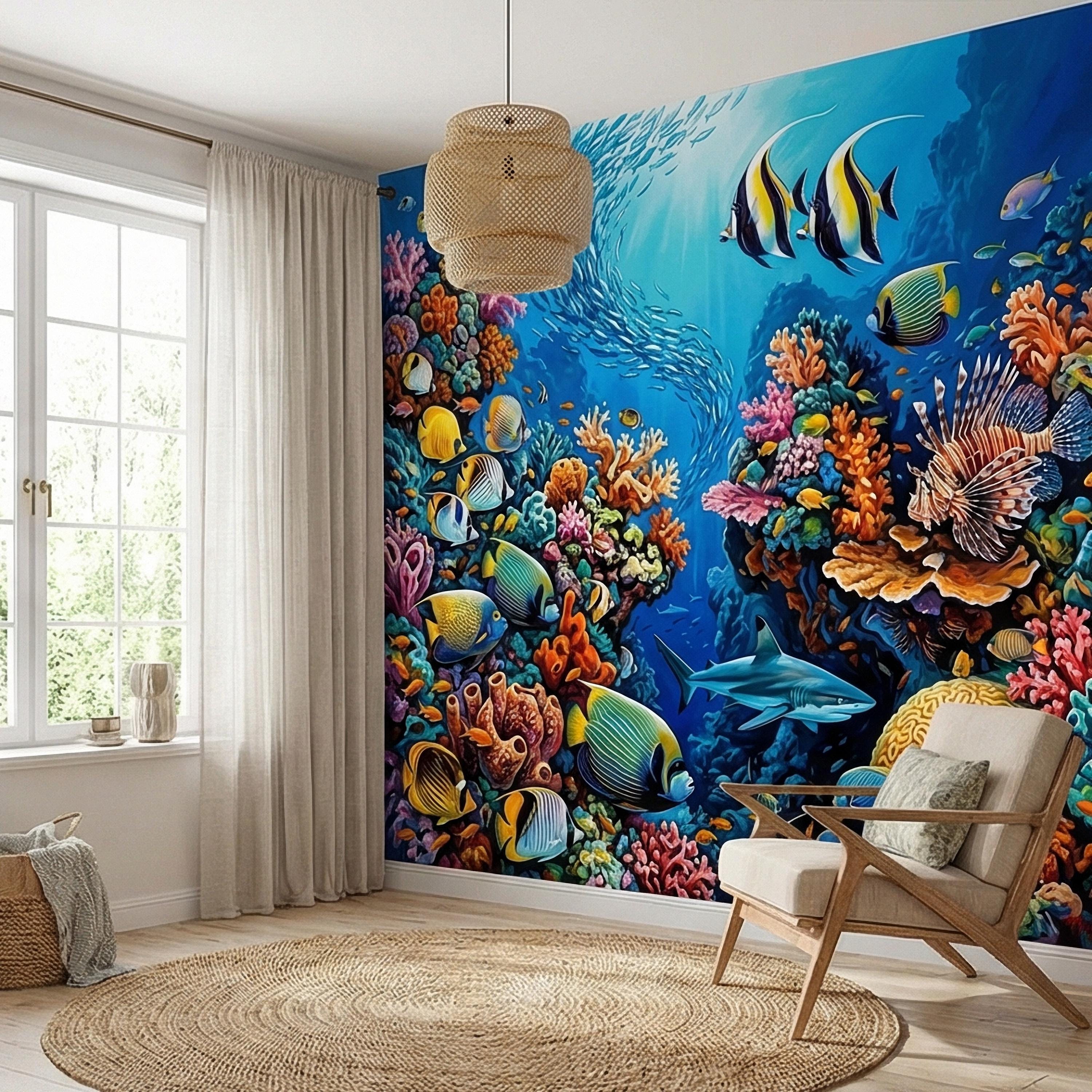 Tropical Coral Reef Peel and Stick Wall Mural, Colorful Ocean Fish Underwater Scene, Vibrant Sea Life Wallpaper