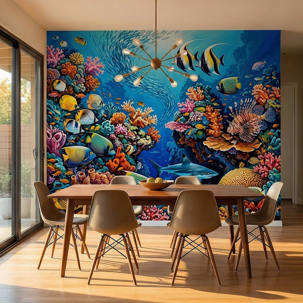 Tropical Coral Reef Peel and Stick Wall Mural, Colorful Ocean Fish Underwater Scene, Vibrant Sea Life Wallpaper
