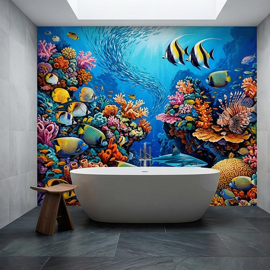 Tropical Coral Reef Peel and Stick Wall Mural, Colorful Ocean Fish Underwater Scene, Vibrant Sea Life Wallpaper
