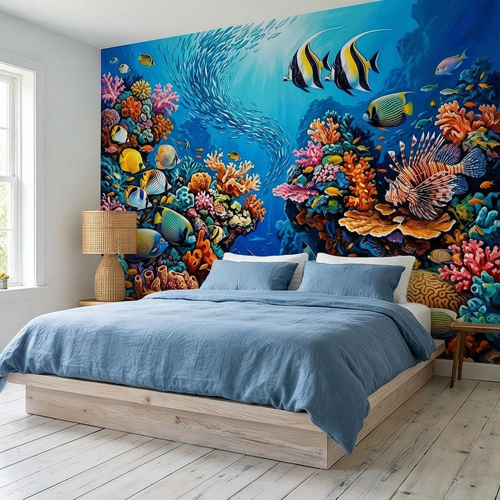 Tropical Coral Reef Peel and Stick Wall Mural, Colorful Ocean Fish Underwater Scene, Vibrant Sea Life Wallpaper