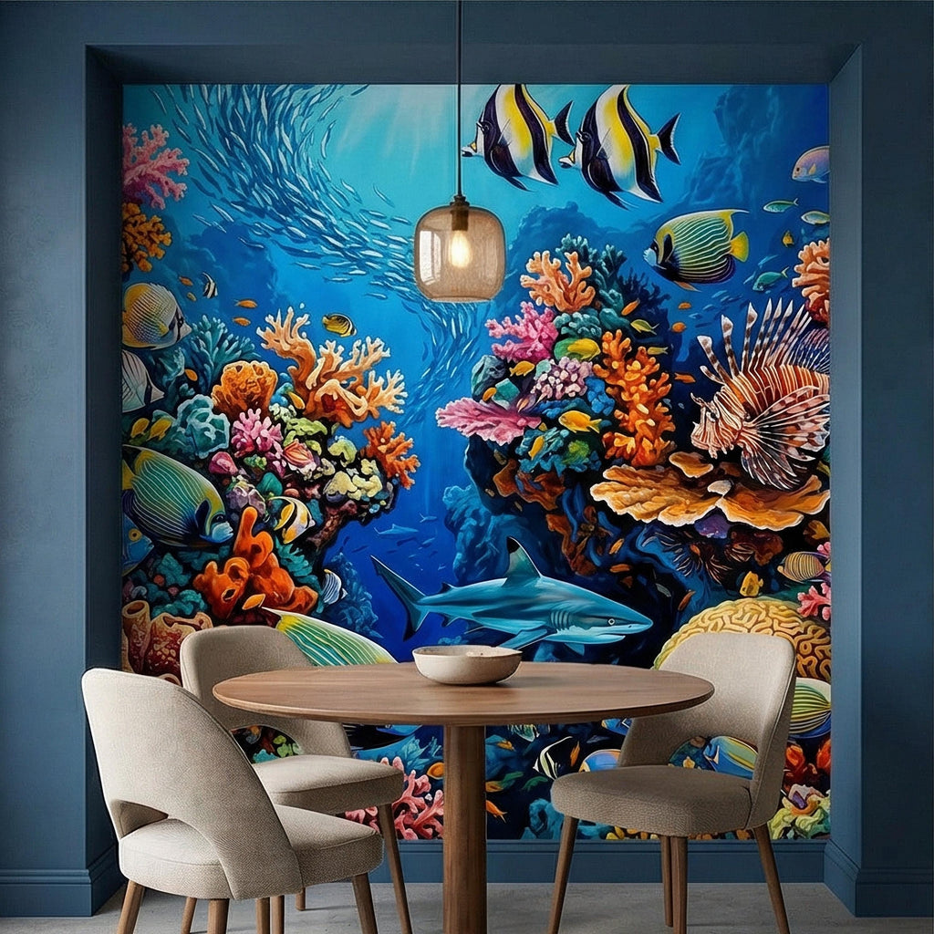 Tropical Coral Reef Peel and Stick Wall Mural, Colorful Ocean Fish Underwater Scene, Vibrant Sea Life Wallpaper