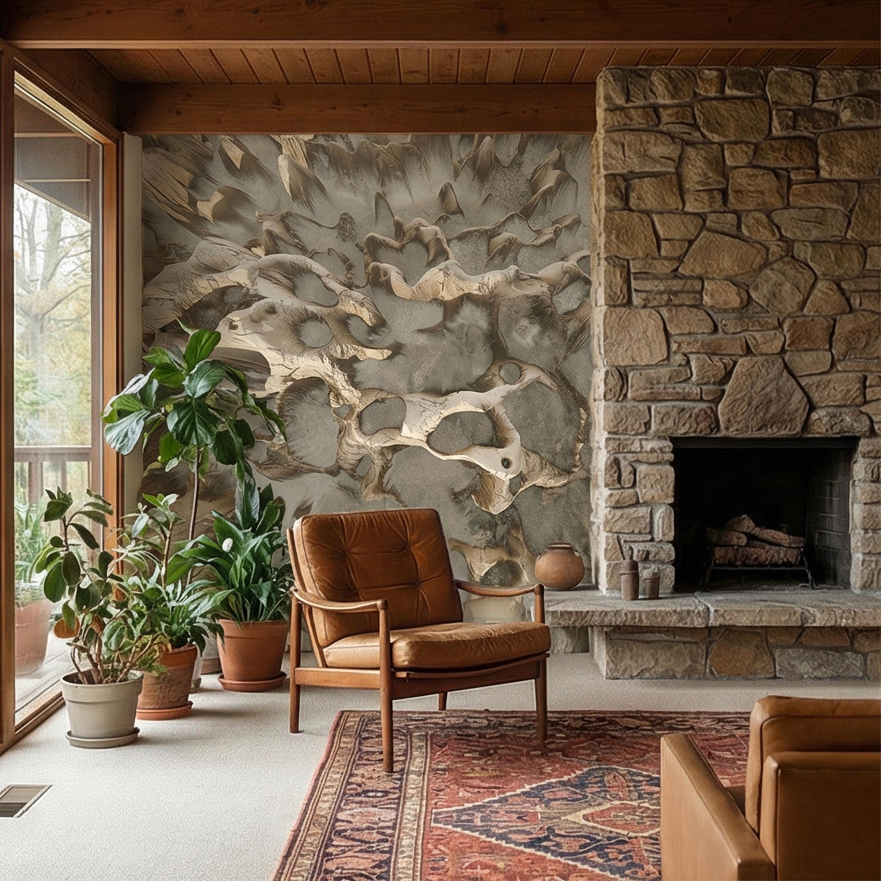 Abstract Organic Texture Peel and Stick Wall Mural, Sculptural Bone Stone Relief, Neutral Beige Taupe 3D Fossil Form Textured Wallpaper