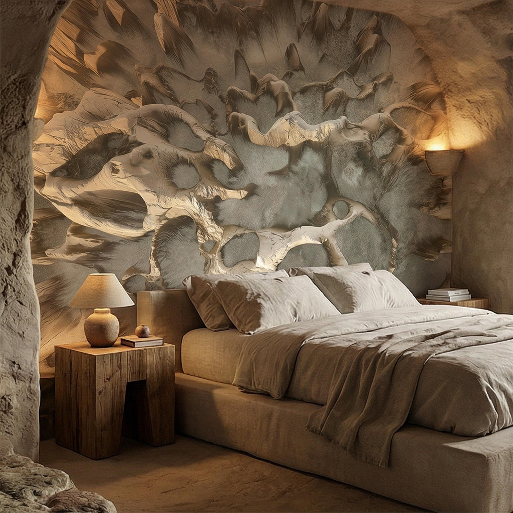 Abstract Organic Texture Peel and Stick Wall Mural, Sculptural Bone Stone Relief, Neutral Beige Taupe 3D Fossil Form Textured Wallpaper