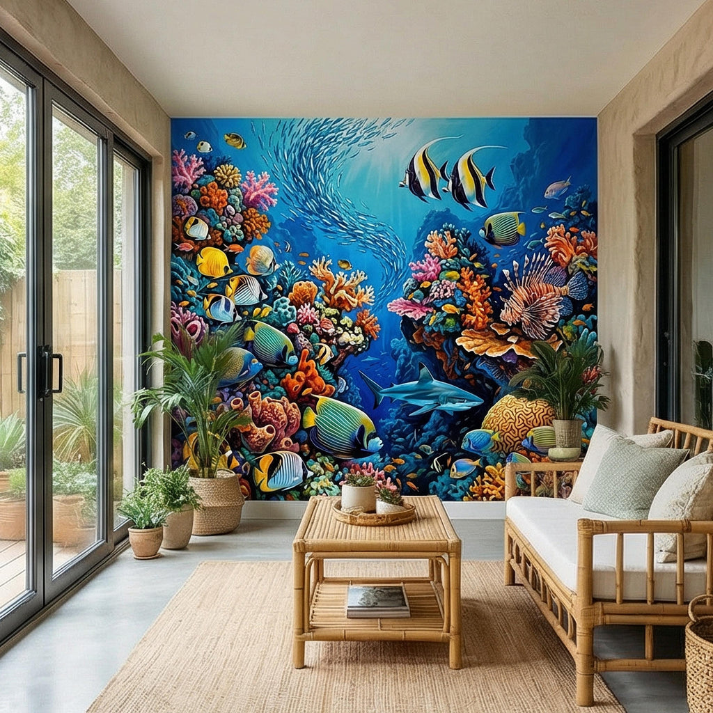 Tropical Coral Reef Peel and Stick Wall Mural, Colorful Ocean Fish Underwater Scene, Vibrant Sea Life Wallpaper